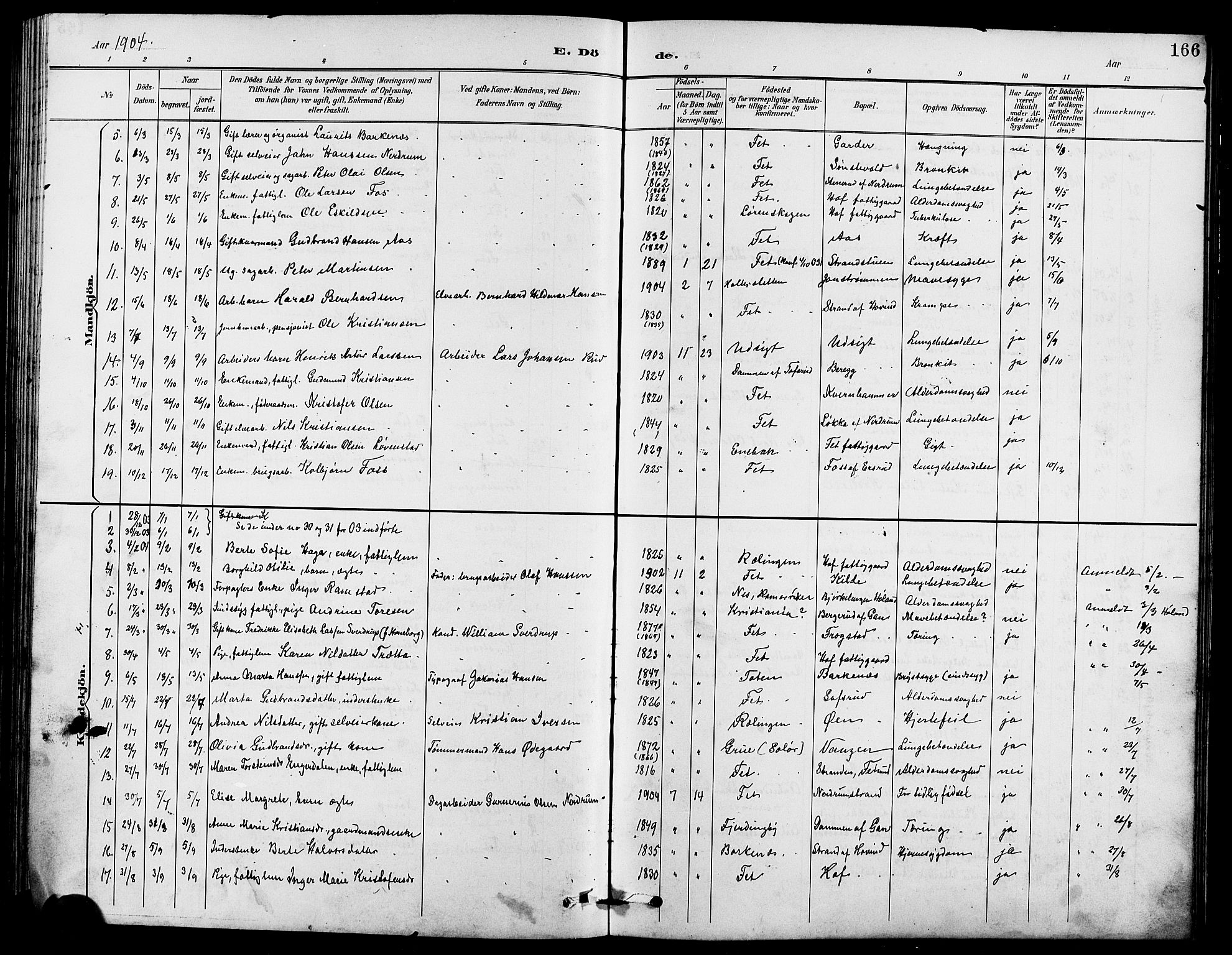 Fet prestekontor Kirkebøker, AV/SAO-A-10370a/G/Ga/L0007: Parish register (copy) no. I 7, 1892-1906, p. 166