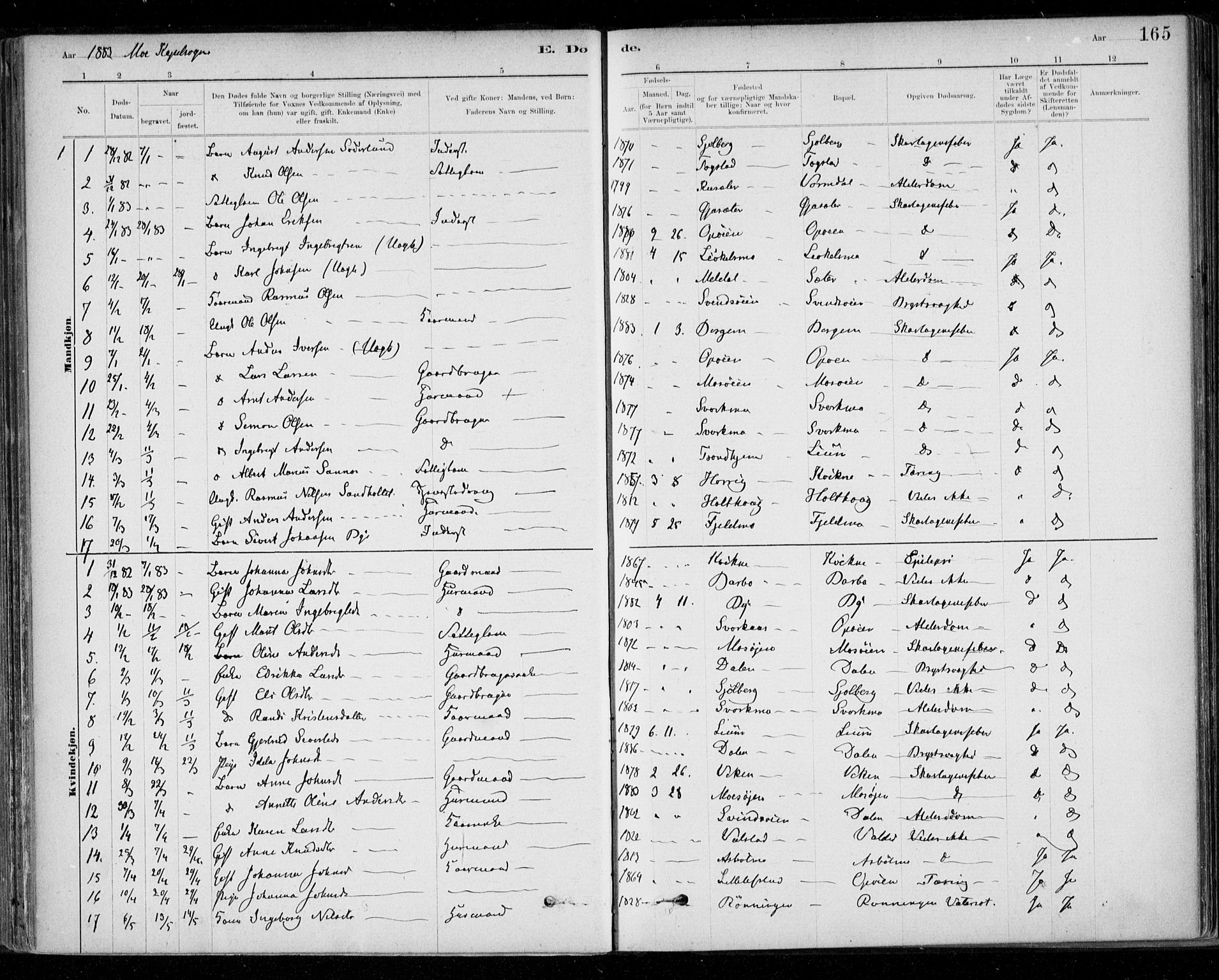 Ministerialprotokoller, klokkerbøker og fødselsregistre - Sør-Trøndelag, SAT/A-1456/668/L0810: Parish register (official) no. 668A10, 1881-1894, p. 165
