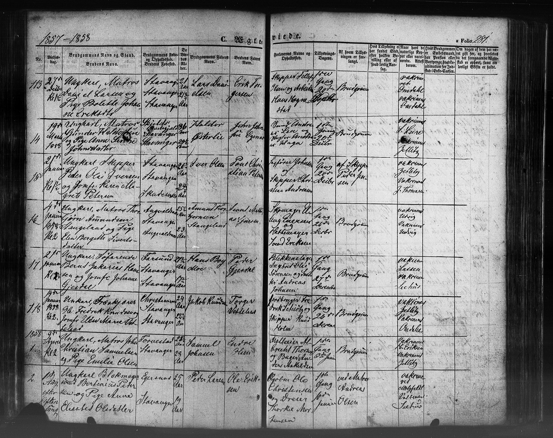 Domkirken sokneprestkontor, SAST/A-101812/001/30/30BB/L0009: Parish register (copy) no. B 9, 1850-1858, p. 281