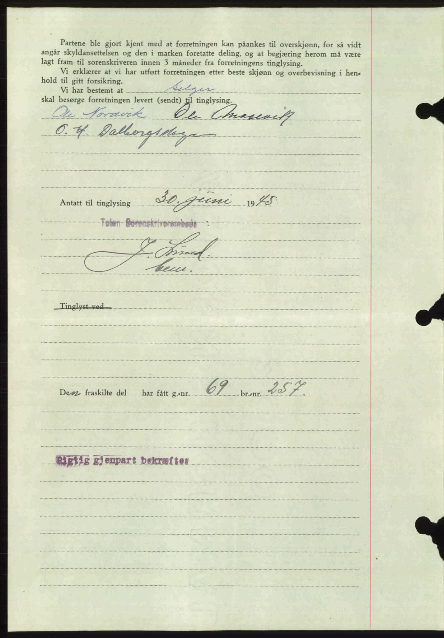 Toten tingrett, SAH/TING-006/H/Hb/Hbc/L0013: Mortgage book no. Hbc-13, 1945-1945, Diary no: : 967/1945