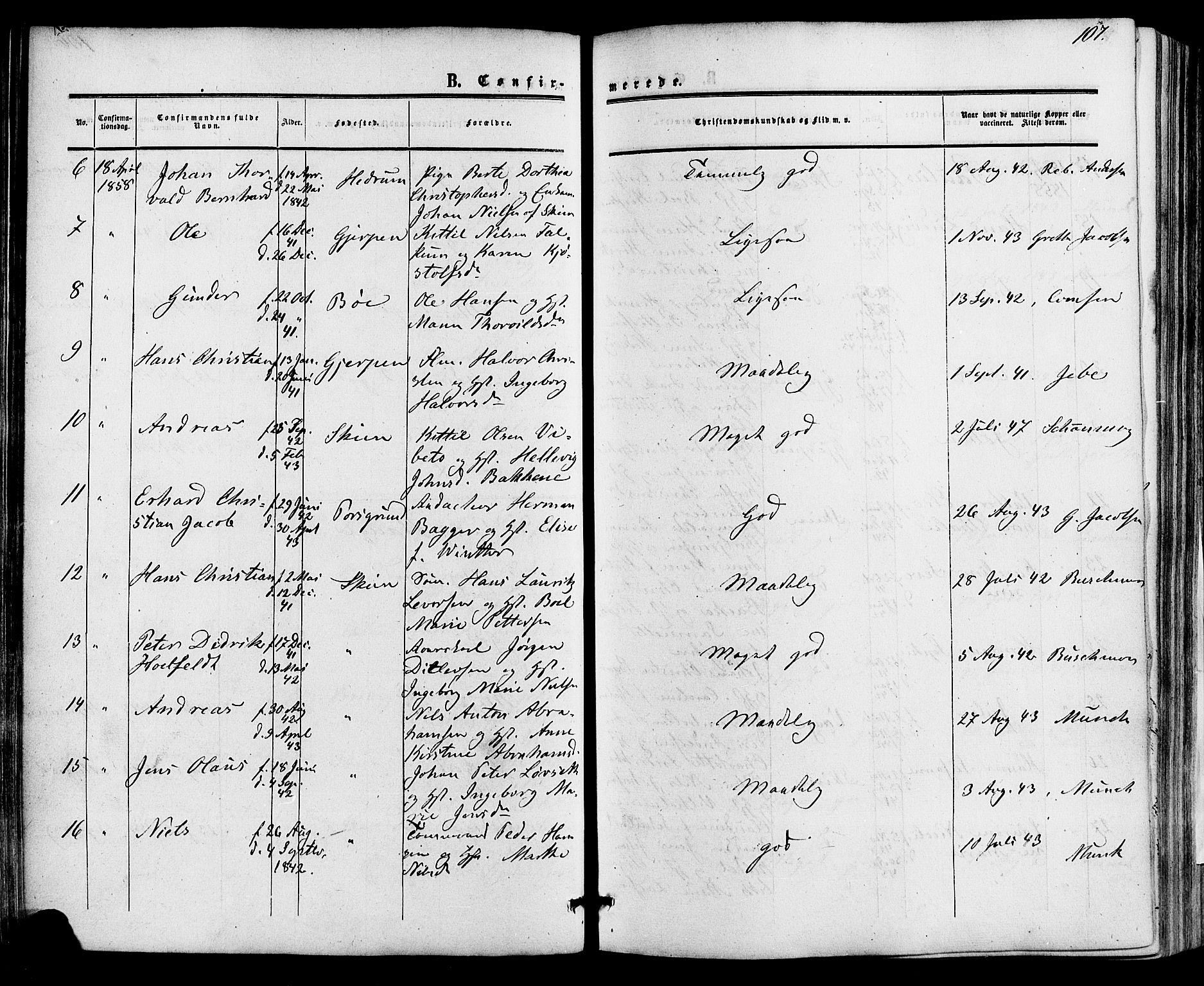 Skien kirkebøker, SAKO/A-302/F/Fa/L0007: Parish register (official) no. 7, 1856-1865, p. 107