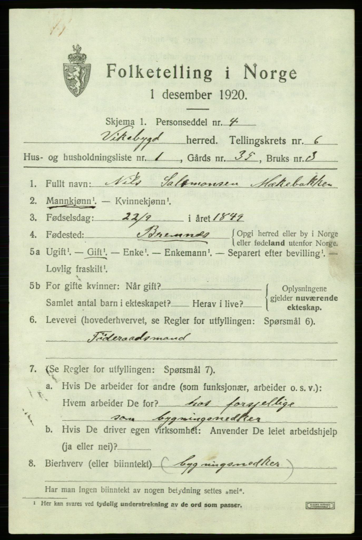 SAB, 1920 census for Vikebygd, 1920, p. 2183