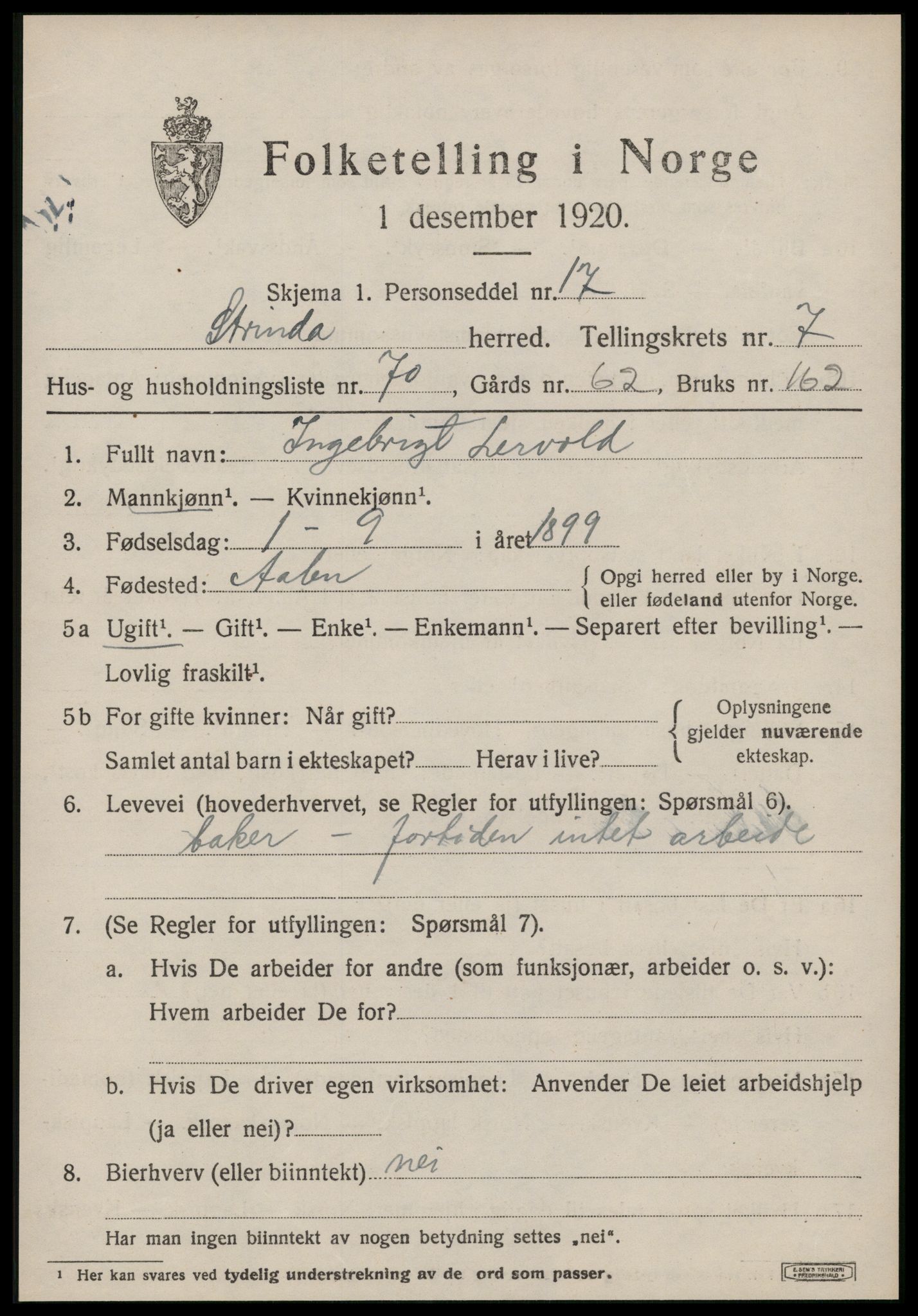 SAT, 1920 census for Strinda, 1920, p. 19468