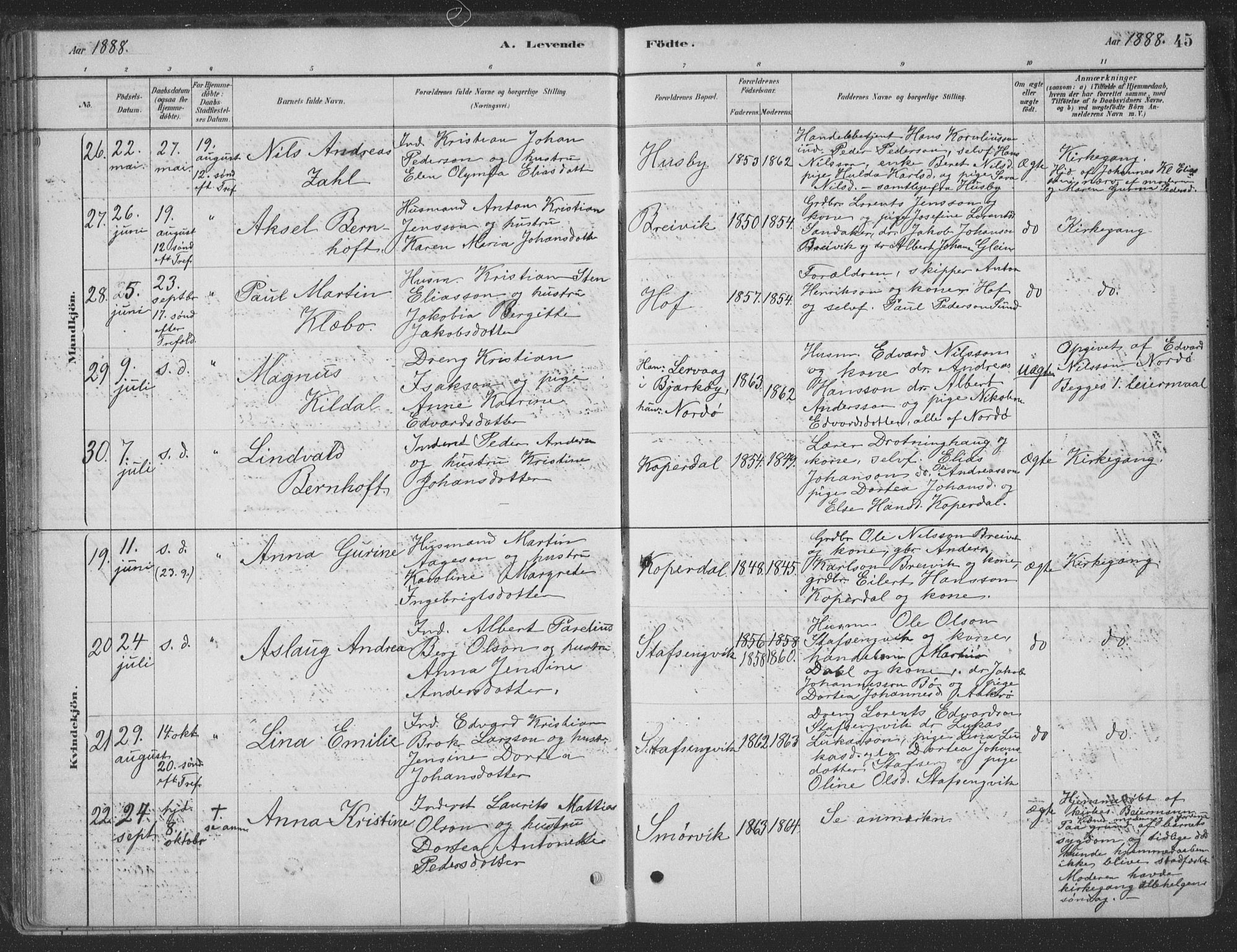 Ministerialprotokoller, klokkerbøker og fødselsregistre - Nordland, AV/SAT-A-1459/835/L0532: Parish register (copy) no. 835C04, 1880-1905, p. 45