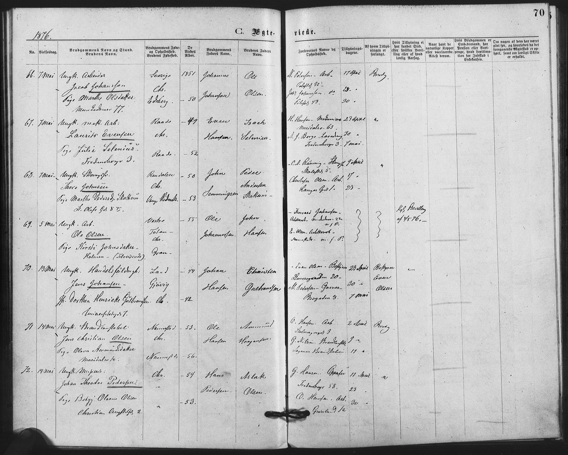 Trefoldighet prestekontor Kirkebøker, SAO/A-10882/F/Fc/L0002: Parish register (official) no. III 2, 1874-1881, p. 70