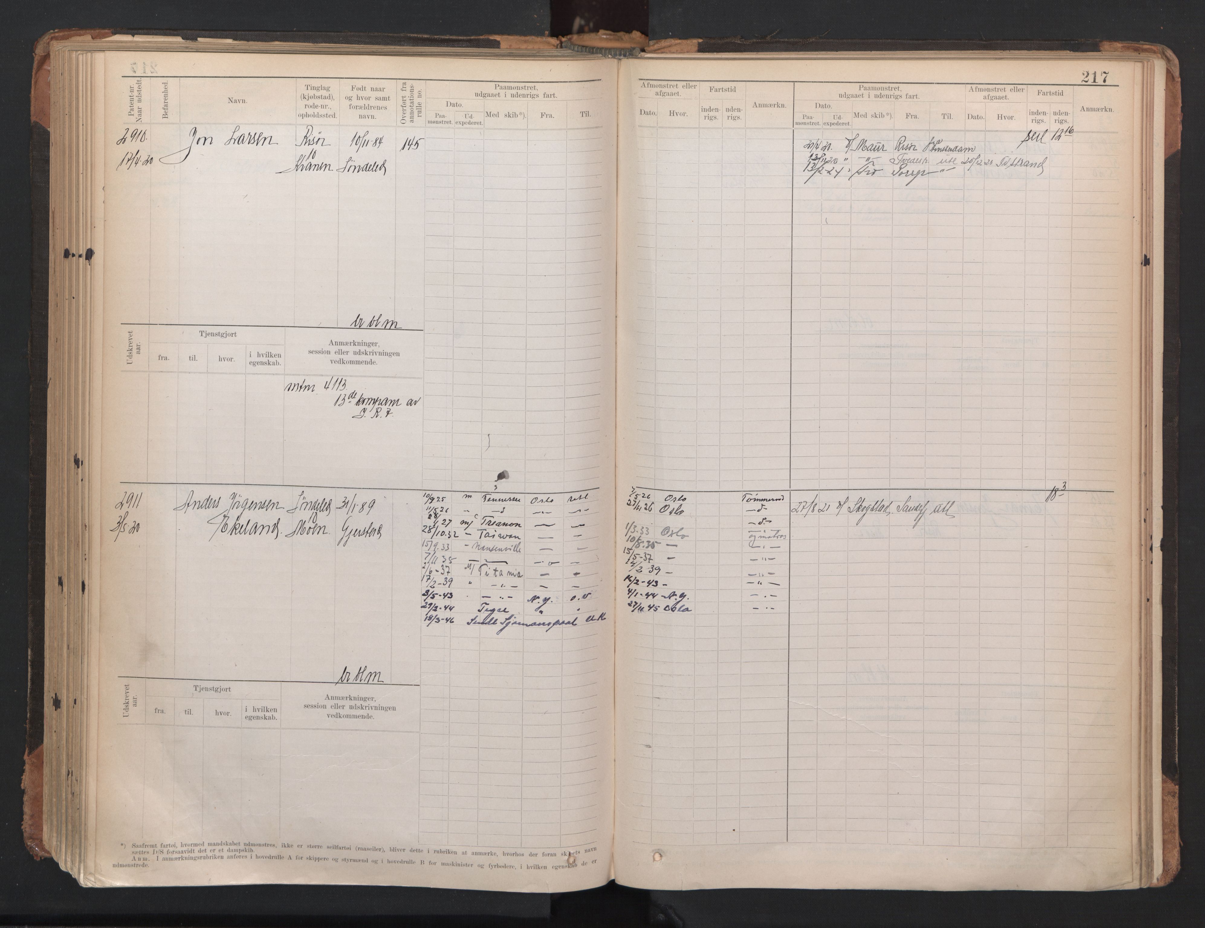 Risør mønstringskrets, AV/SAK-2031-0010/F/Fb/L0005: Hovedrulle A nr 2485-3065, Q-5, 1904-1948, p. 223