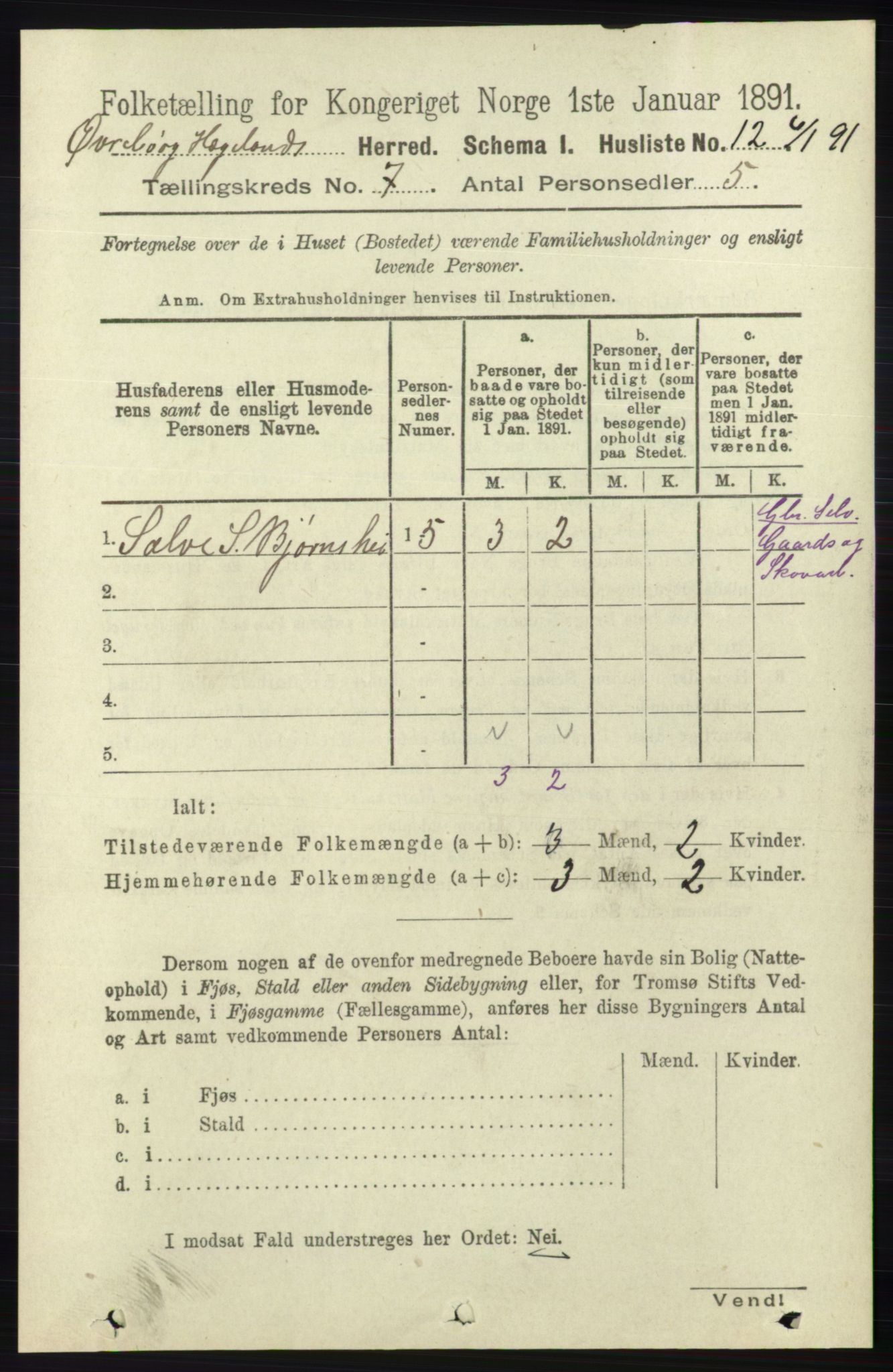 RA, 1891 census for 1016 Øvrebø og Hægeland, 1891, p. 1323