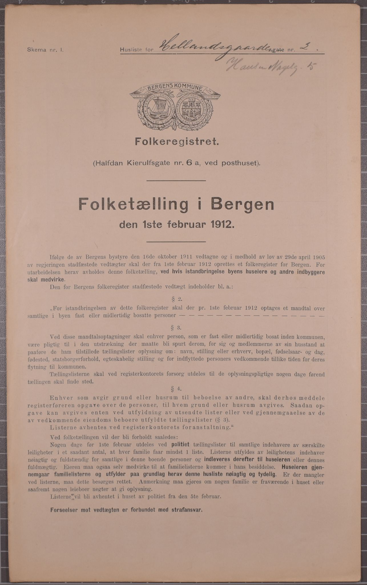 SAB, Municipal Census 1912 for Bergen, 1912, p. 2154