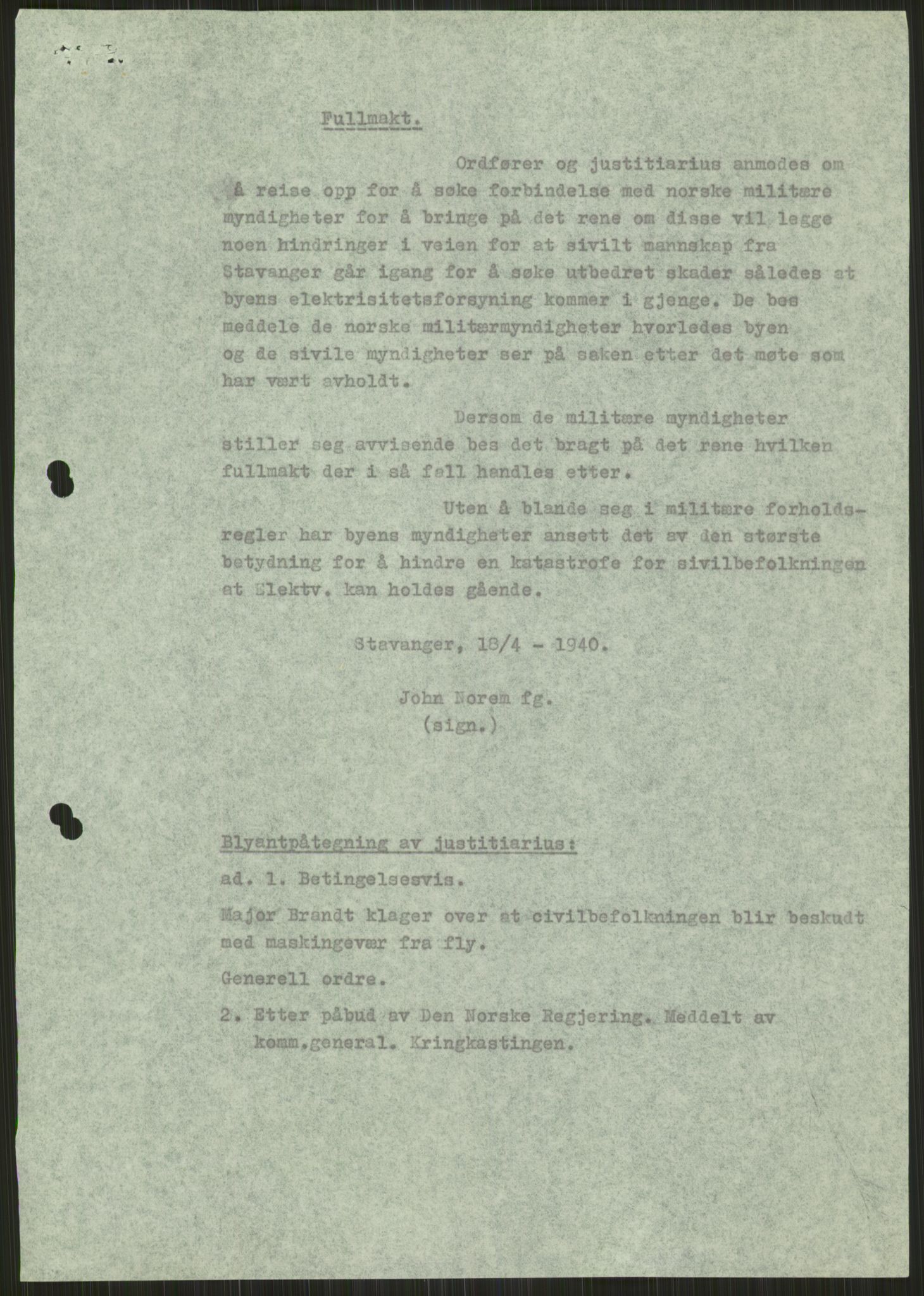 Forsvaret, Forsvarets krigshistoriske avdeling, AV/RA-RAFA-2017/Y/Ya/L0015: II-C-11-31 - Fylkesmenn.  Rapporter om krigsbegivenhetene 1940., 1940, p. 22