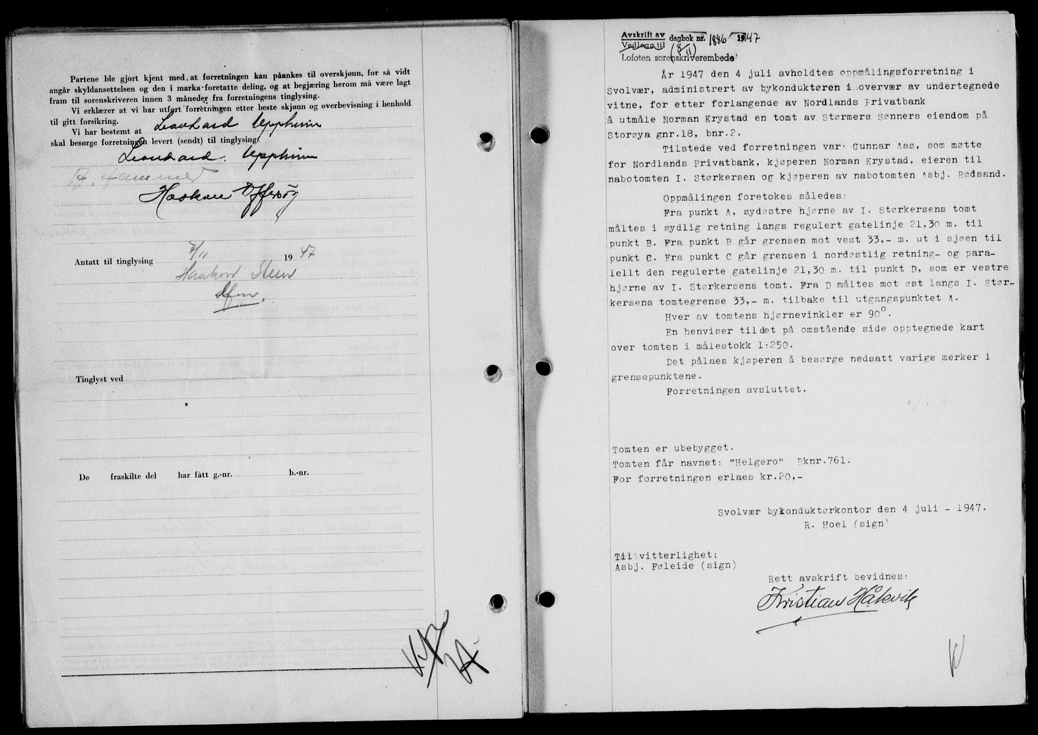 Lofoten sorenskriveri, SAT/A-0017/1/2/2C/L0017a: Mortgage book no. 17a, 1947-1948, Diary no: : 1886/1947