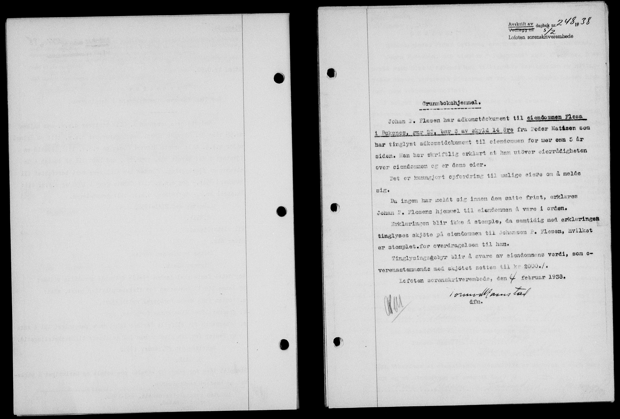 Lofoten sorenskriveri, SAT/A-0017/1/2/2C/L0003a: Mortgage book no. 3a, 1937-1938, Diary no: : 248/1938