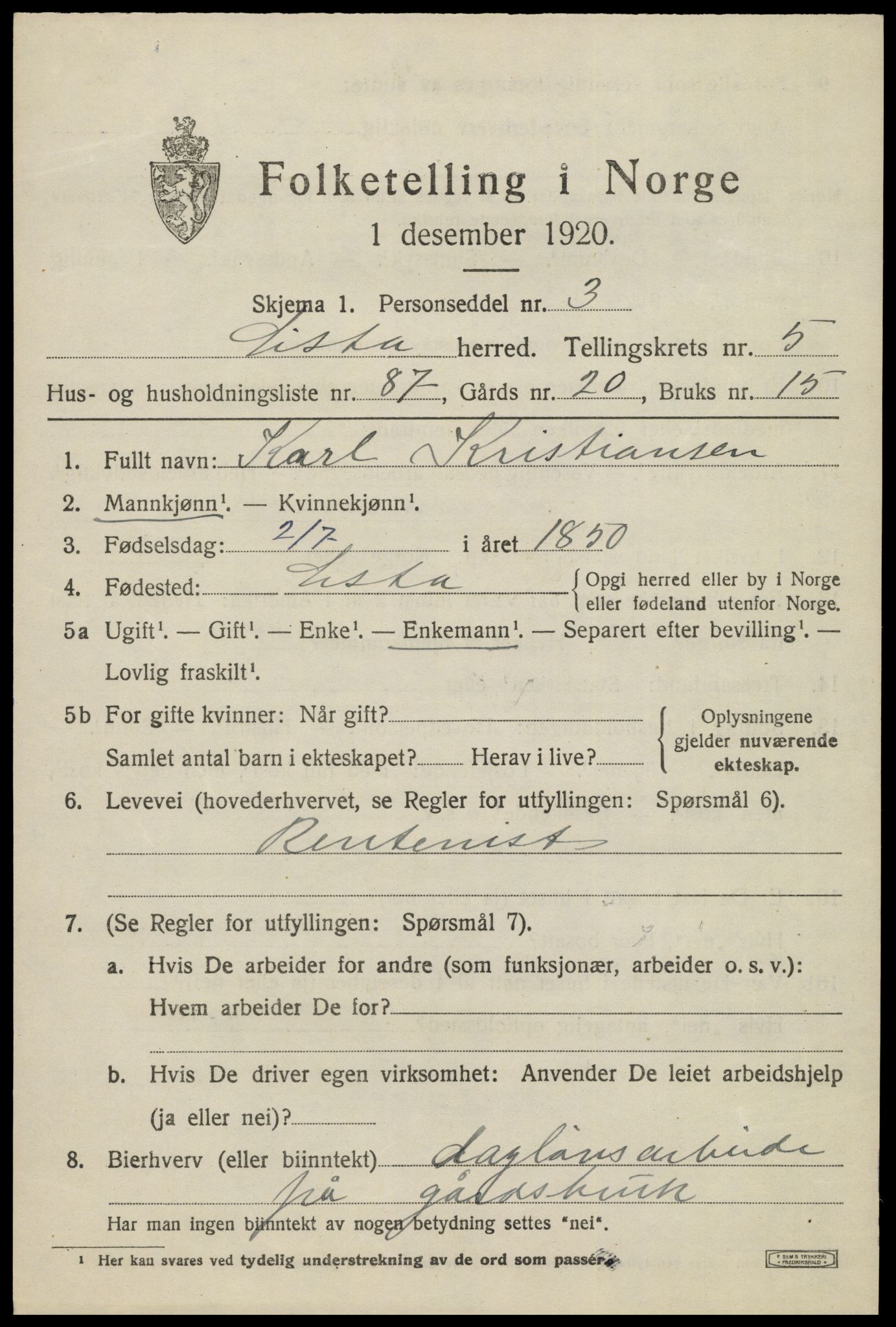 SAK, 1920 census for Lista, 1920, p. 6369