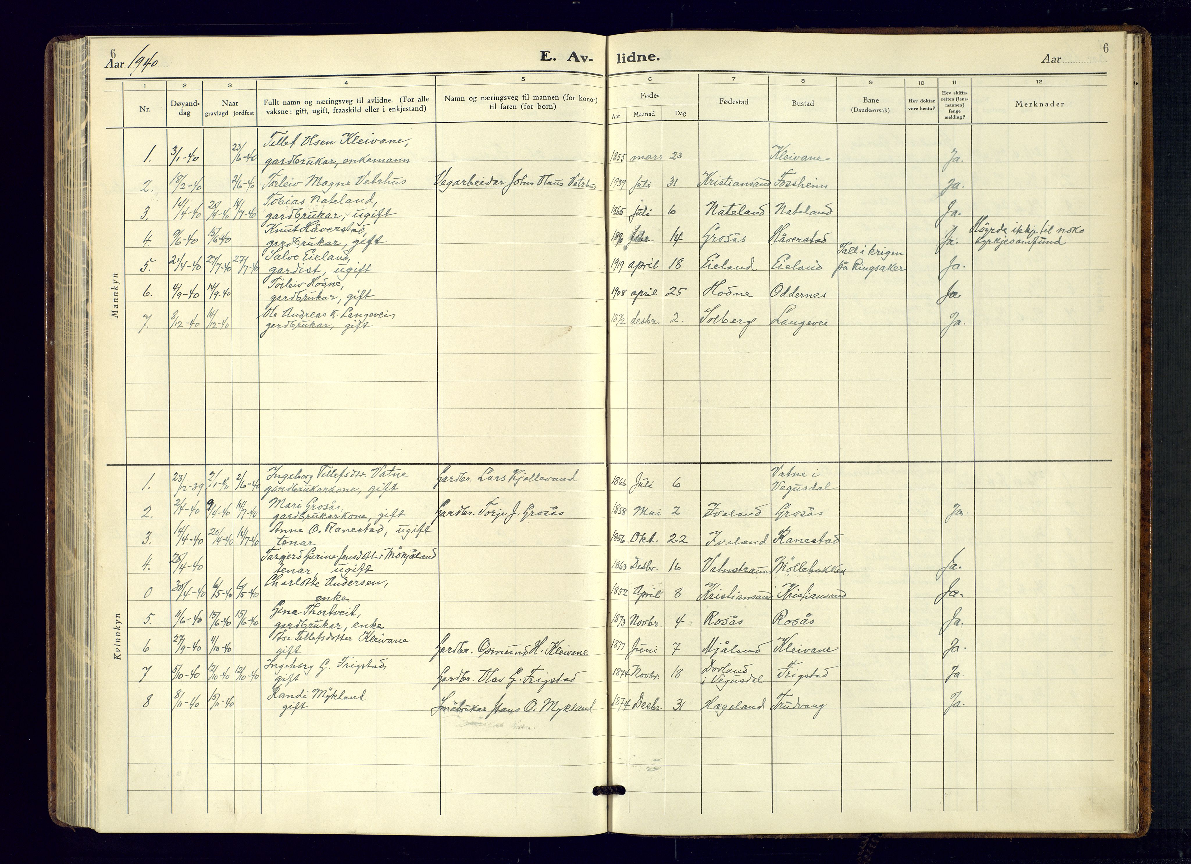 Evje sokneprestkontor, AV/SAK-1111-0008/F/Fb/Fbc/L0006: Parish register (copy) no. B-6, 1933-1971, p. 6