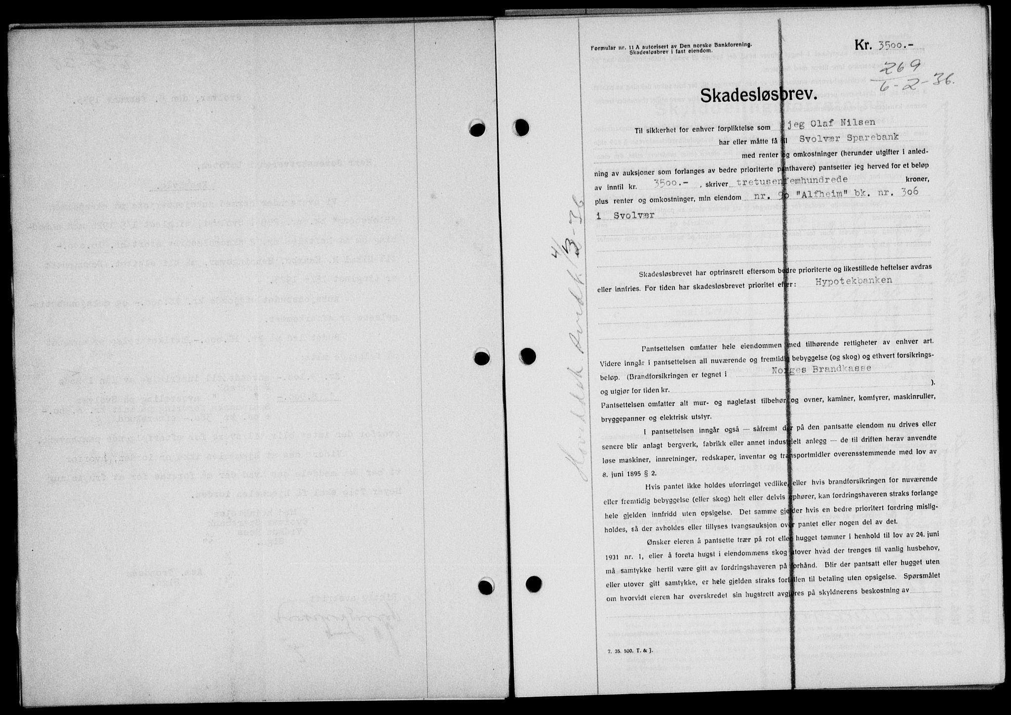 Lofoten sorenskriveri, SAT/A-0017/1/2/2C/L0033b: Mortgage book no. 33b, 1936-1936, Diary no: : 269/1936