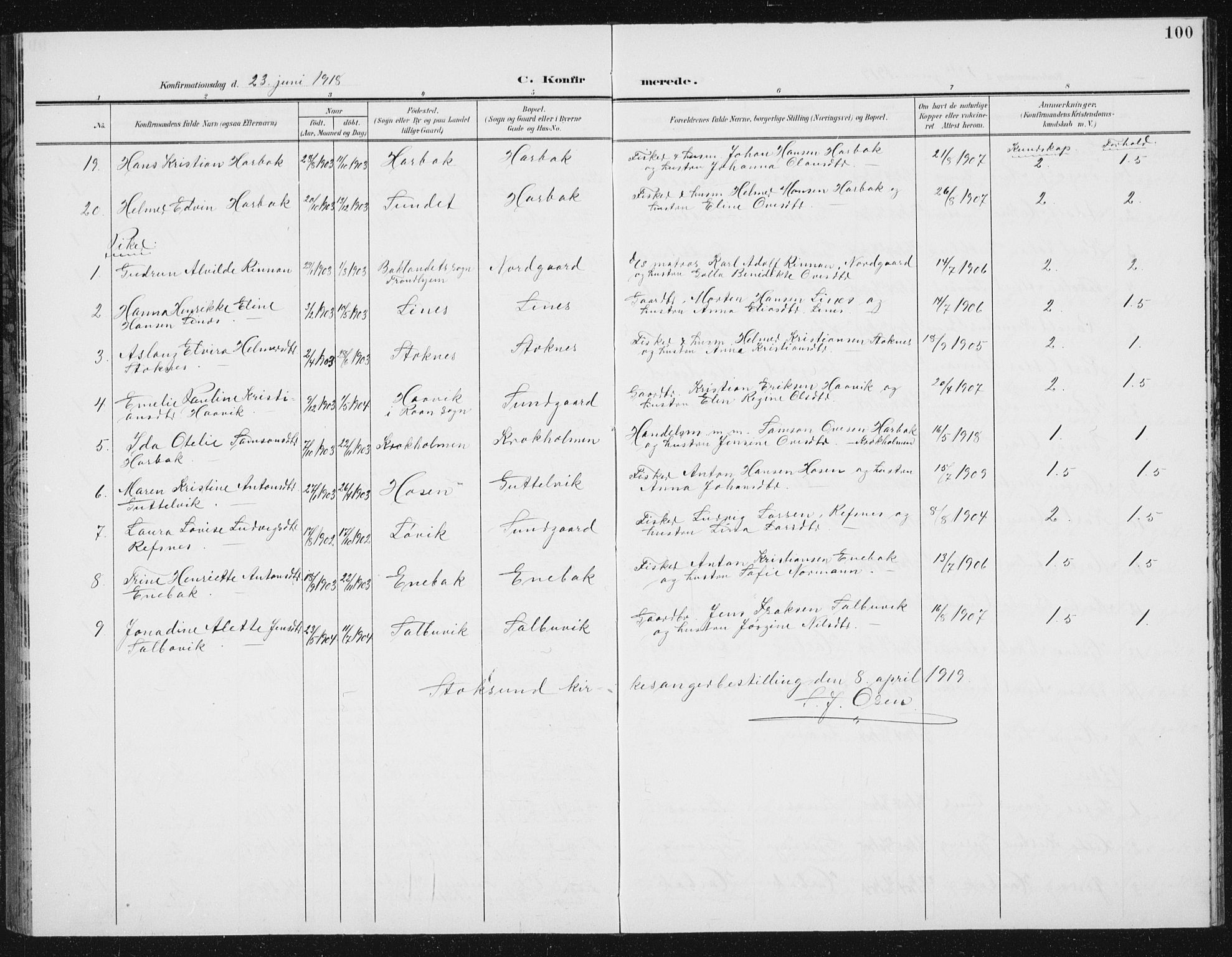 Ministerialprotokoller, klokkerbøker og fødselsregistre - Sør-Trøndelag, SAT/A-1456/656/L0699: Parish register (copy) no. 656C05, 1905-1920, p. 100