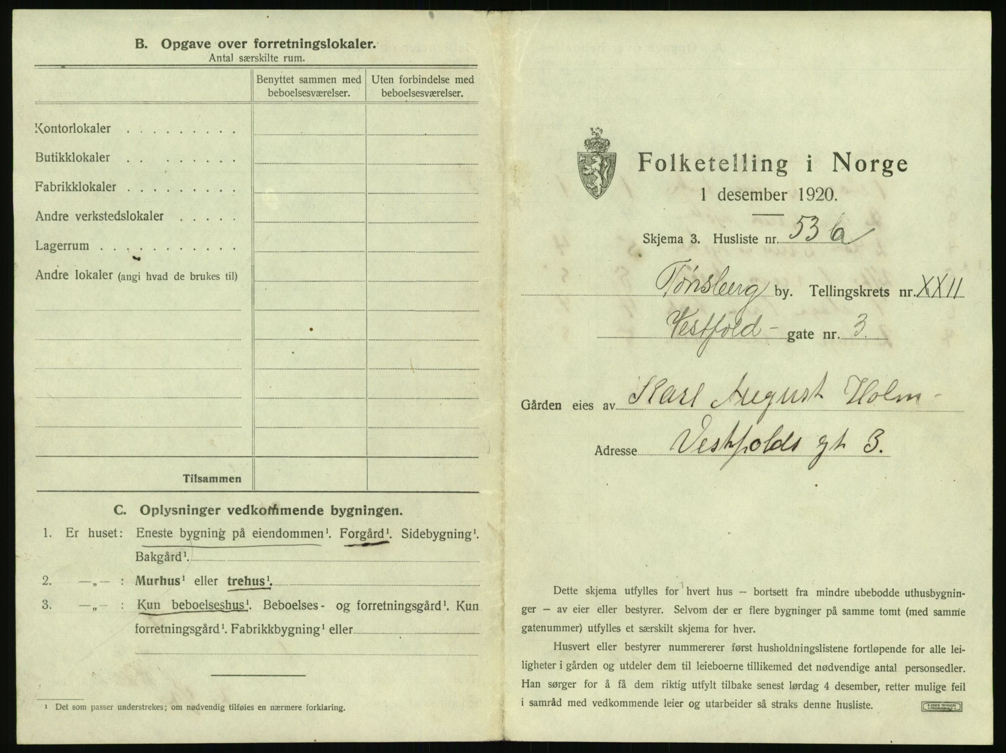 SAKO, 1920 census for Tønsberg, 1920, p. 2275