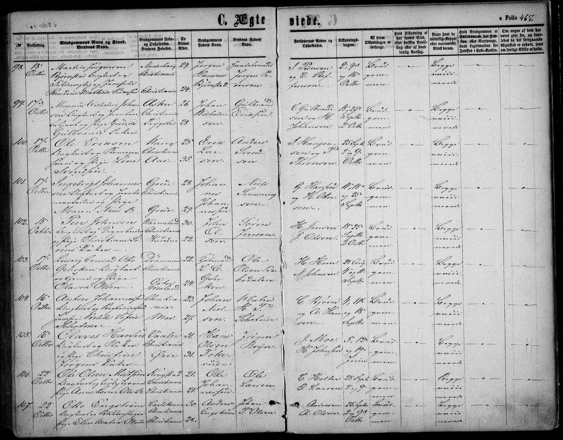 Oslo domkirke Kirkebøker, SAO/A-10752/F/Fa/L0020: Parish register (official) no. 20, 1848-1865, p. 467