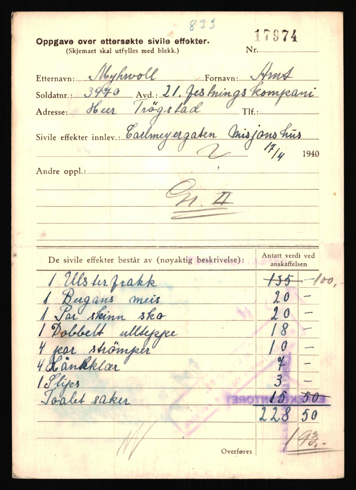 Justisdepartementet, Oppgjørsavdelingen, AV/RA-S-1056/G/Gb/L0058: Oppgaver over ettersøkte sivile effekter:  Myhrvold, Arnold - Maaø, 1940-1942