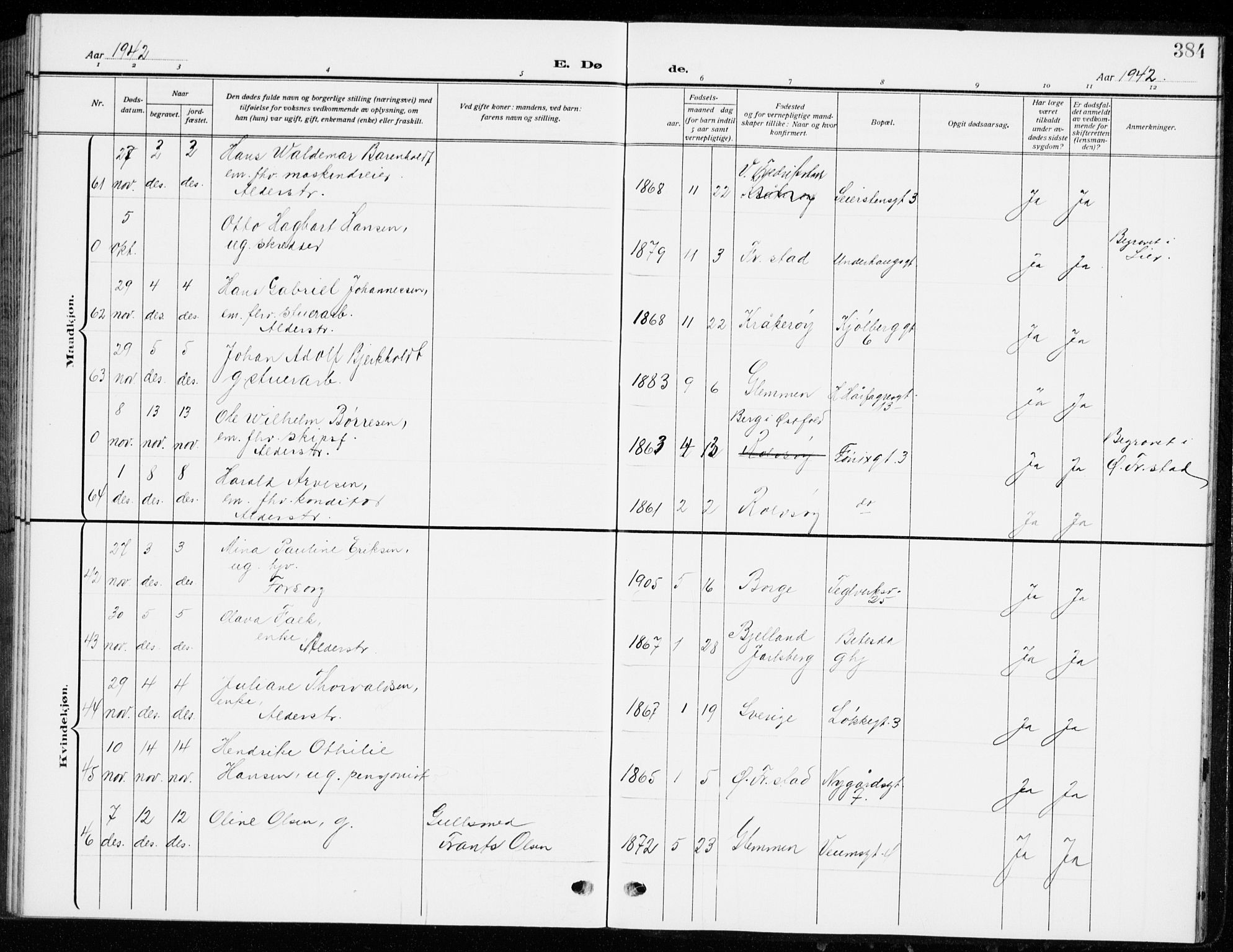 Fredrikstad domkirkes prestekontor Kirkebøker, AV/SAO-A-10906/G/Ga/L0004: Parish register (copy) no. 4, 1910-1944, p. 384