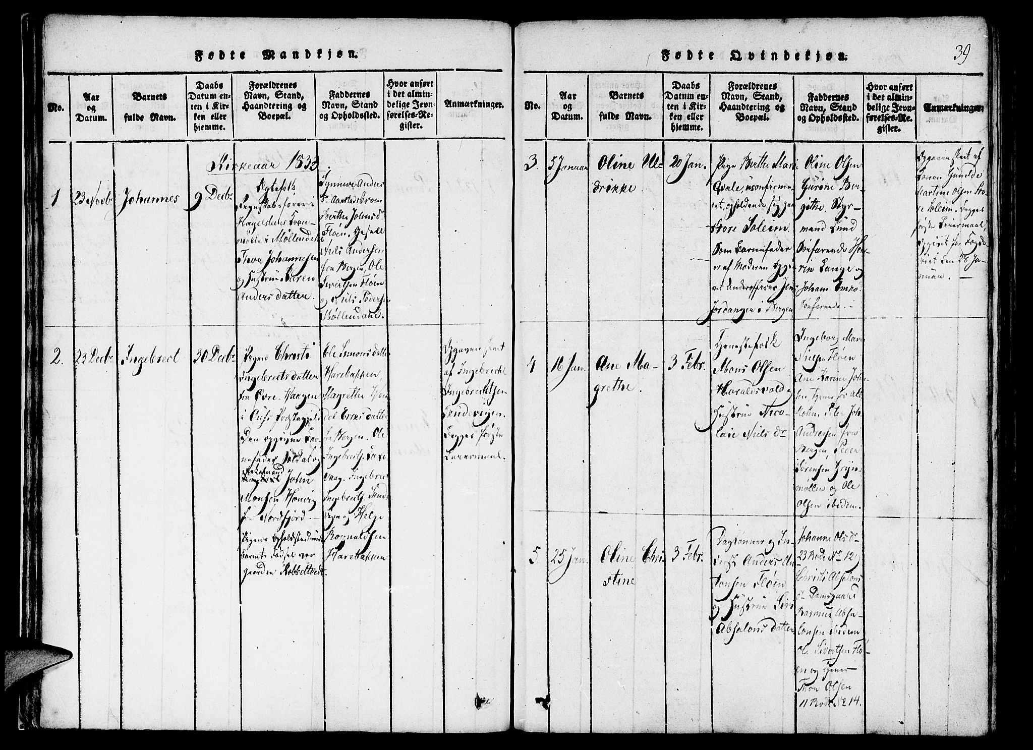 St. Jørgens hospital og Årstad sokneprestembete, AV/SAB-A-99934: Parish register (official) no. A 3, 1815-1843, p. 39