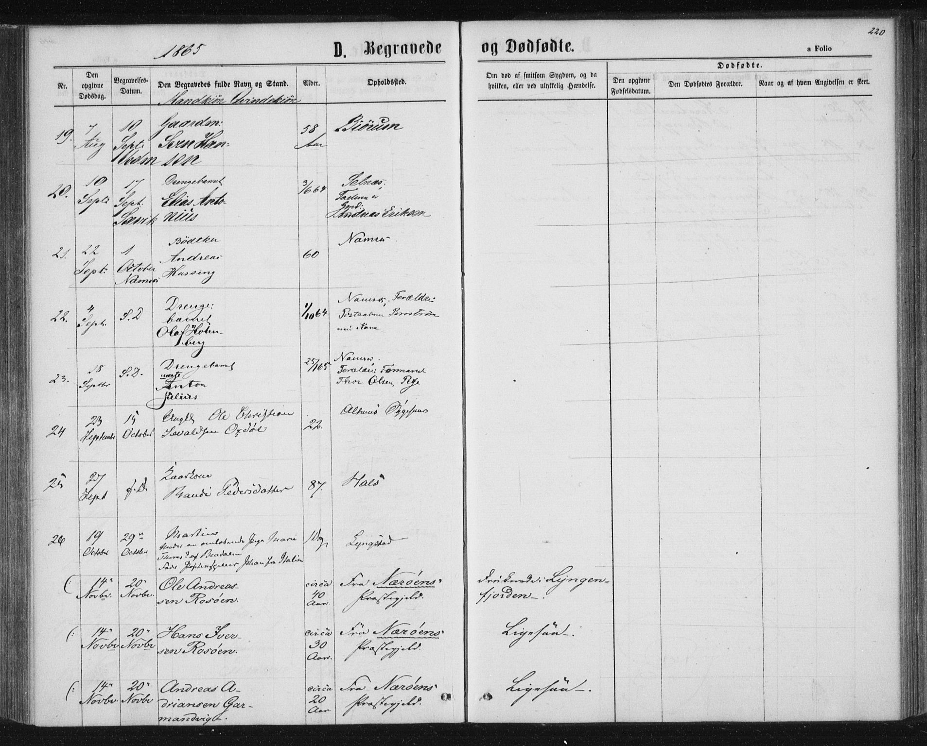 Ministerialprotokoller, klokkerbøker og fødselsregistre - Nord-Trøndelag, AV/SAT-A-1458/768/L0570: Parish register (official) no. 768A05, 1865-1874, p. 220