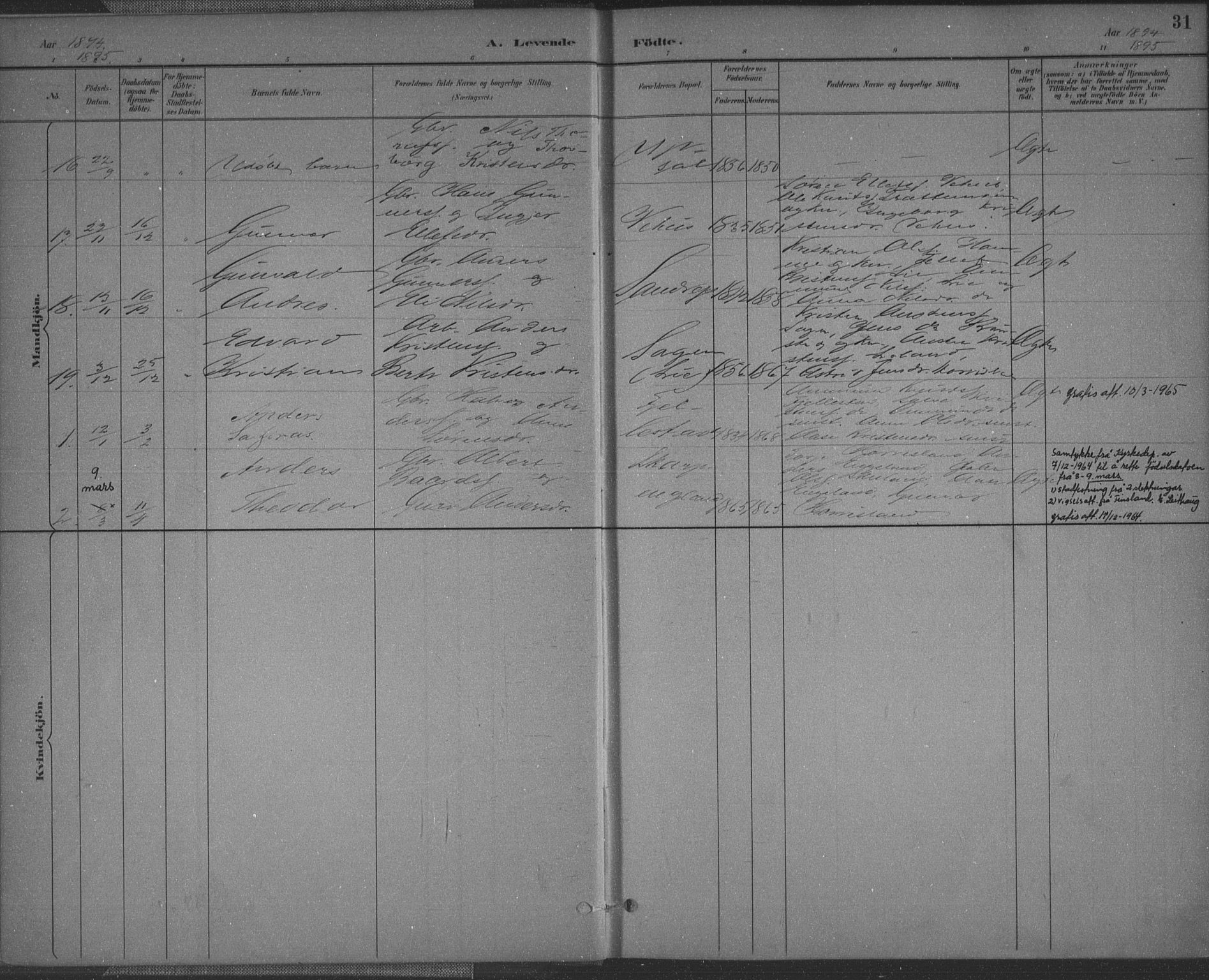 Vennesla sokneprestkontor, AV/SAK-1111-0045/Fa/Fac/L0009: Parish register (official) no. A 9, 1884-1901, p. 31