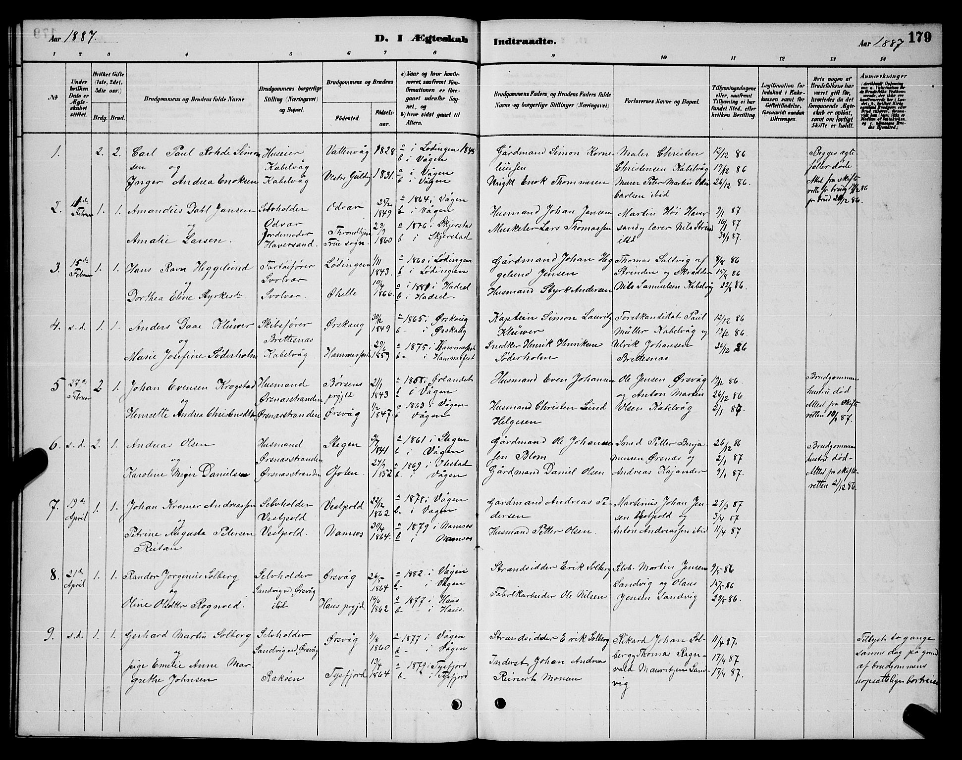 Ministerialprotokoller, klokkerbøker og fødselsregistre - Nordland, AV/SAT-A-1459/874/L1076: Parish register (copy) no. 874C05, 1884-1890, p. 179