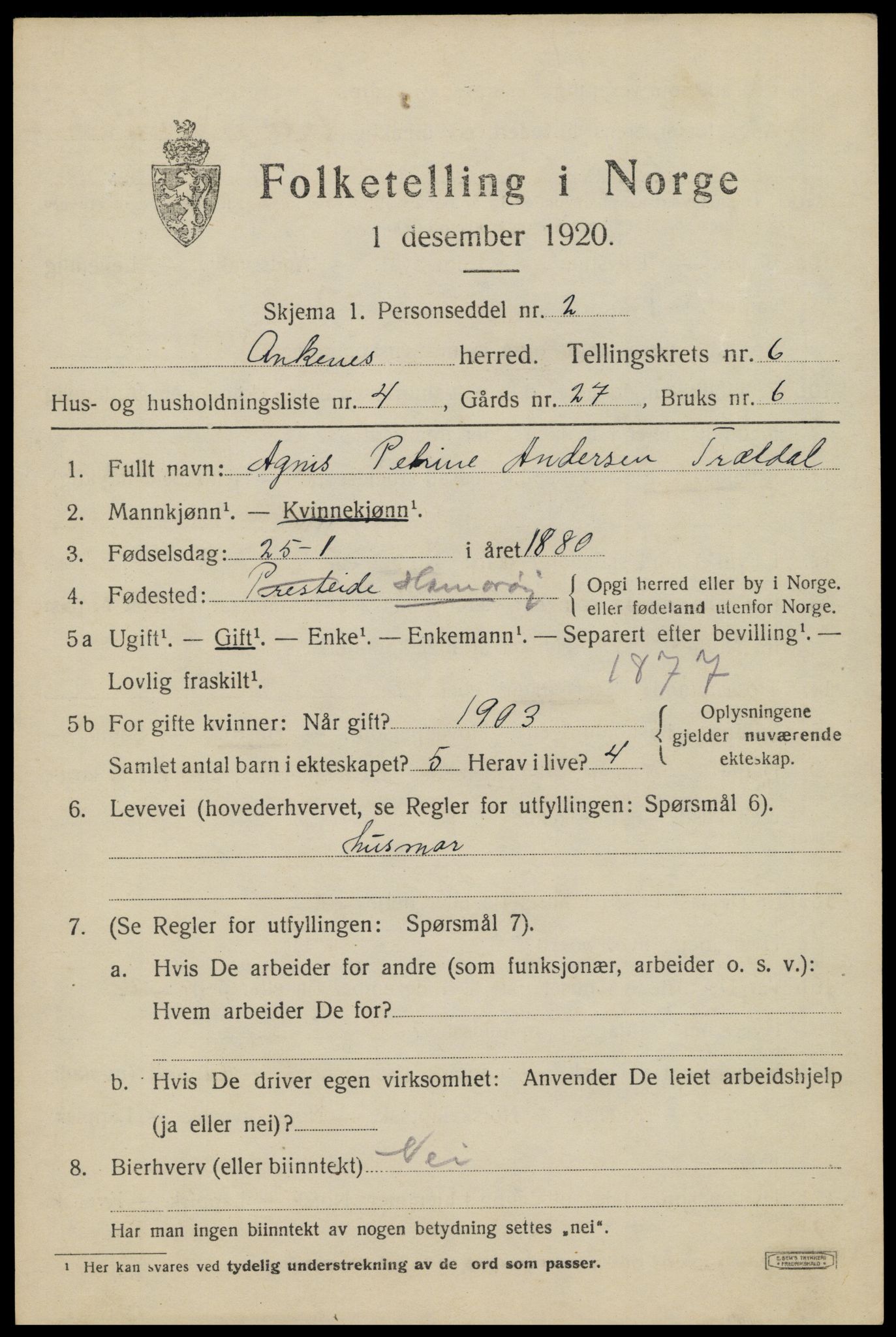 SAT, 1920 census for Ankenes, 1920, p. 3473