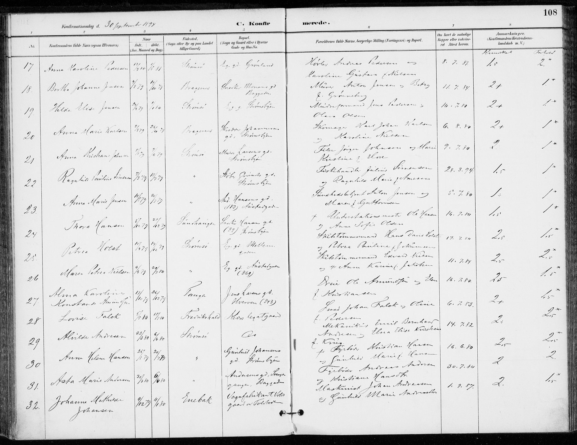 Strømsø kirkebøker, AV/SAKO-A-246/F/Fb/L0007: Parish register (official) no. II 7, 1887-1928, p. 108