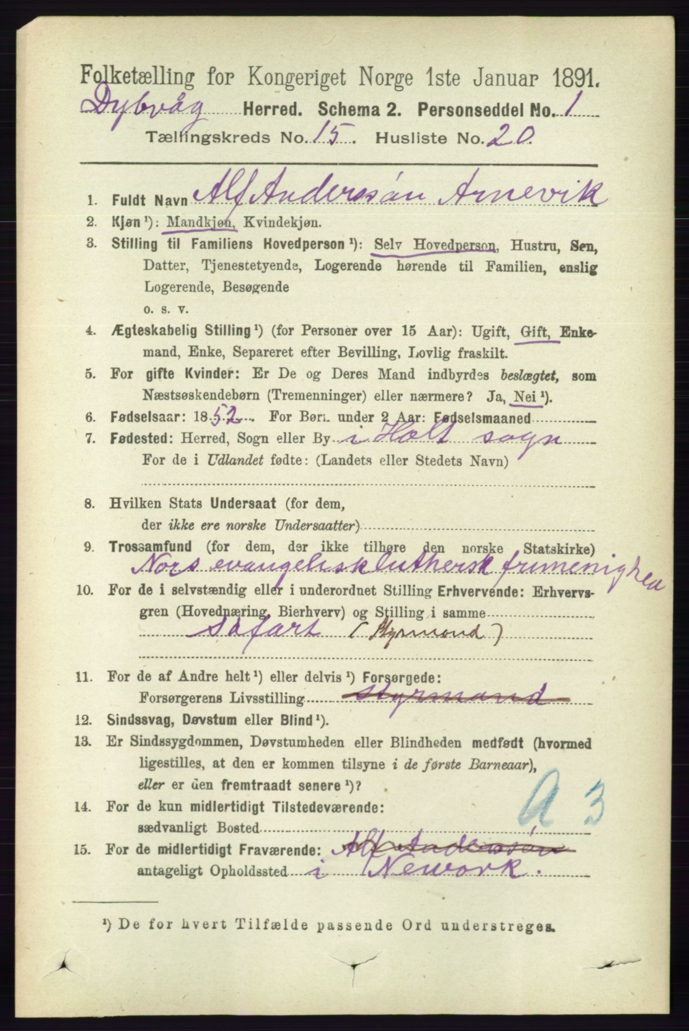 RA, 1891 census for 0915 Dypvåg, 1891, p. 6215