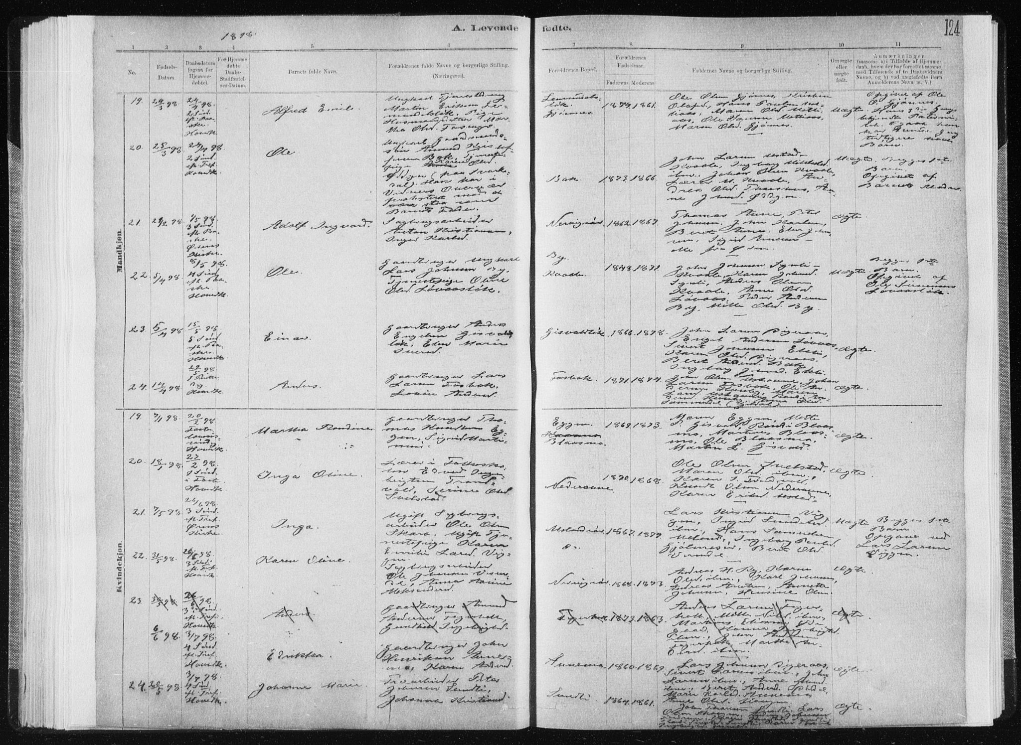 Ministerialprotokoller, klokkerbøker og fødselsregistre - Sør-Trøndelag, AV/SAT-A-1456/668/L0818: Parish register (copy) no. 668C07, 1885-1898, p. 124