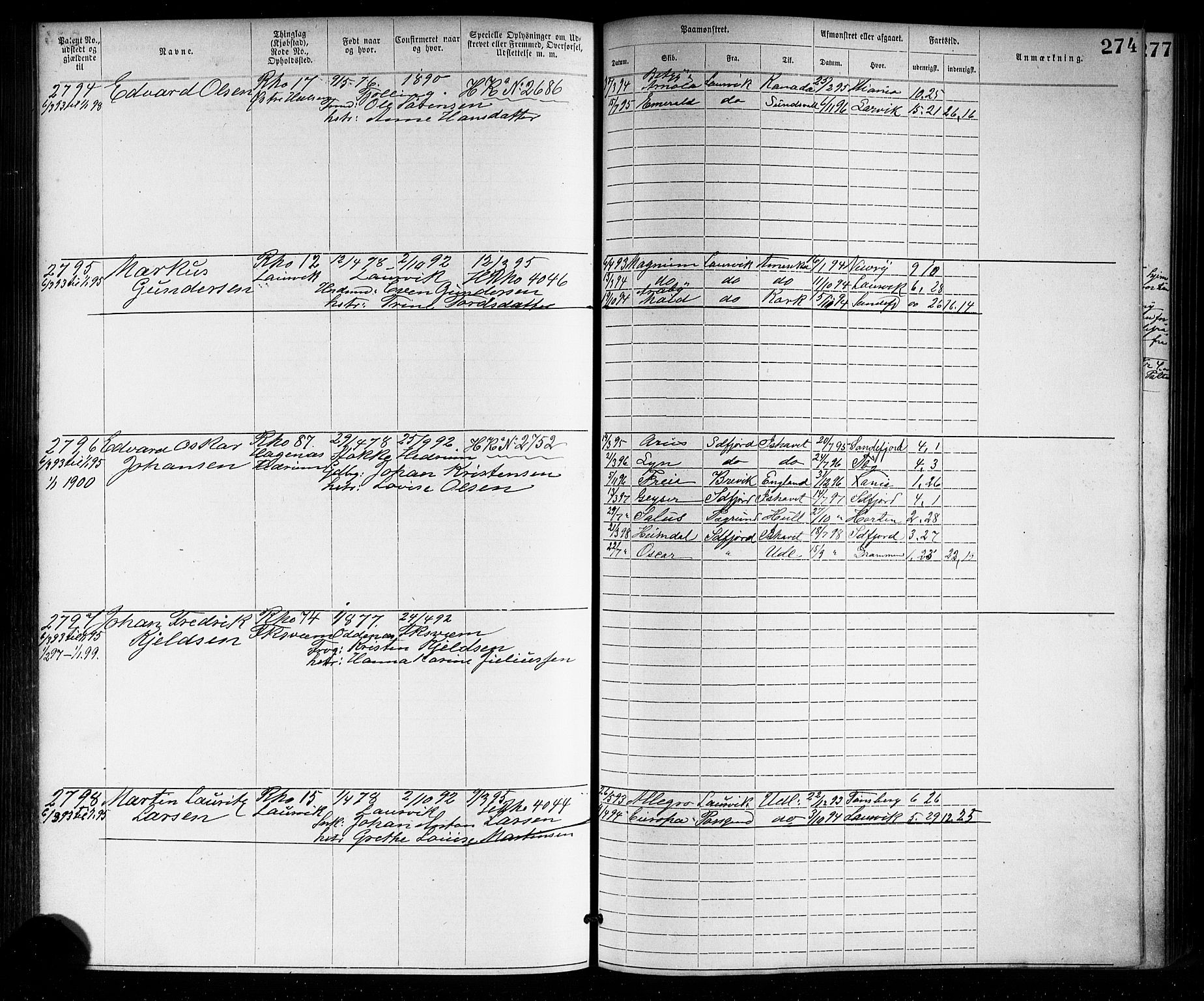 Larvik innrulleringskontor, AV/SAKO-A-787/F/Fb/L0001: Annotasjonsrulle, 1876-1904, p. 274