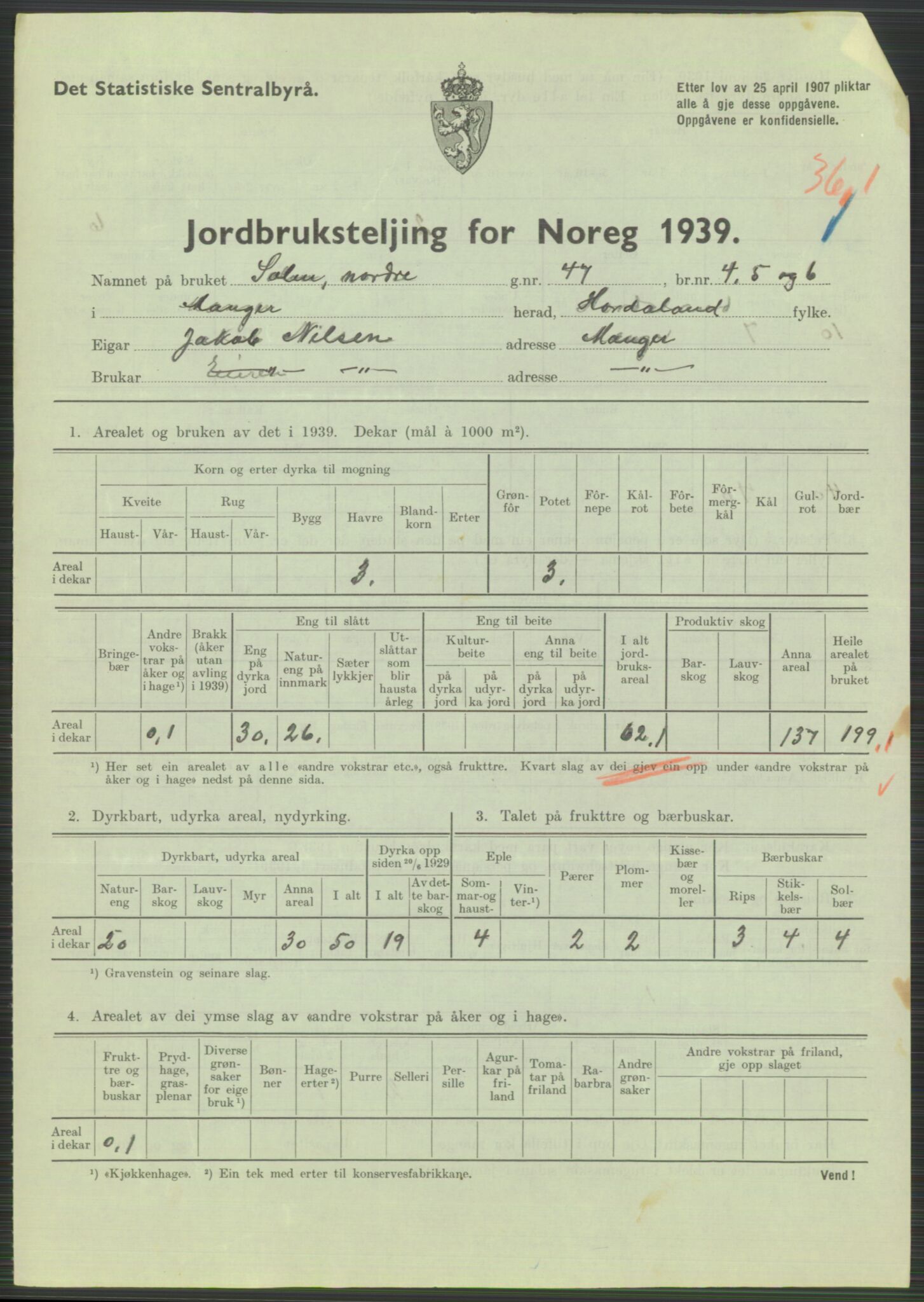 Statistisk sentralbyrå, Næringsøkonomiske emner, Jordbruk, skogbruk, jakt, fiske og fangst, AV/RA-S-2234/G/Gb/L0211: Hordaland: Herdla, Hjelme og Manger, 1939, p. 1839