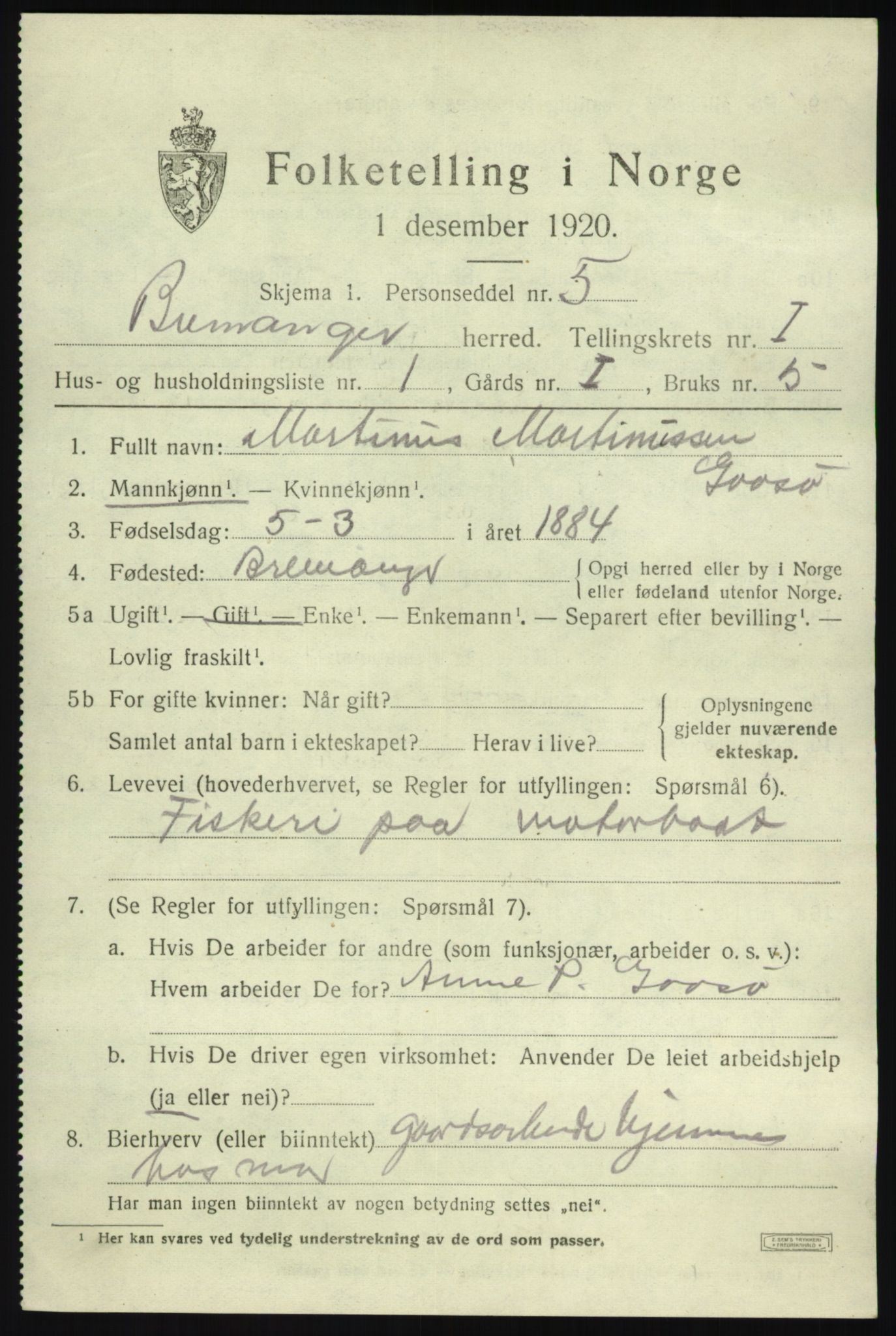 SAB, 1920 census for Bremanger, 1920, p. 988