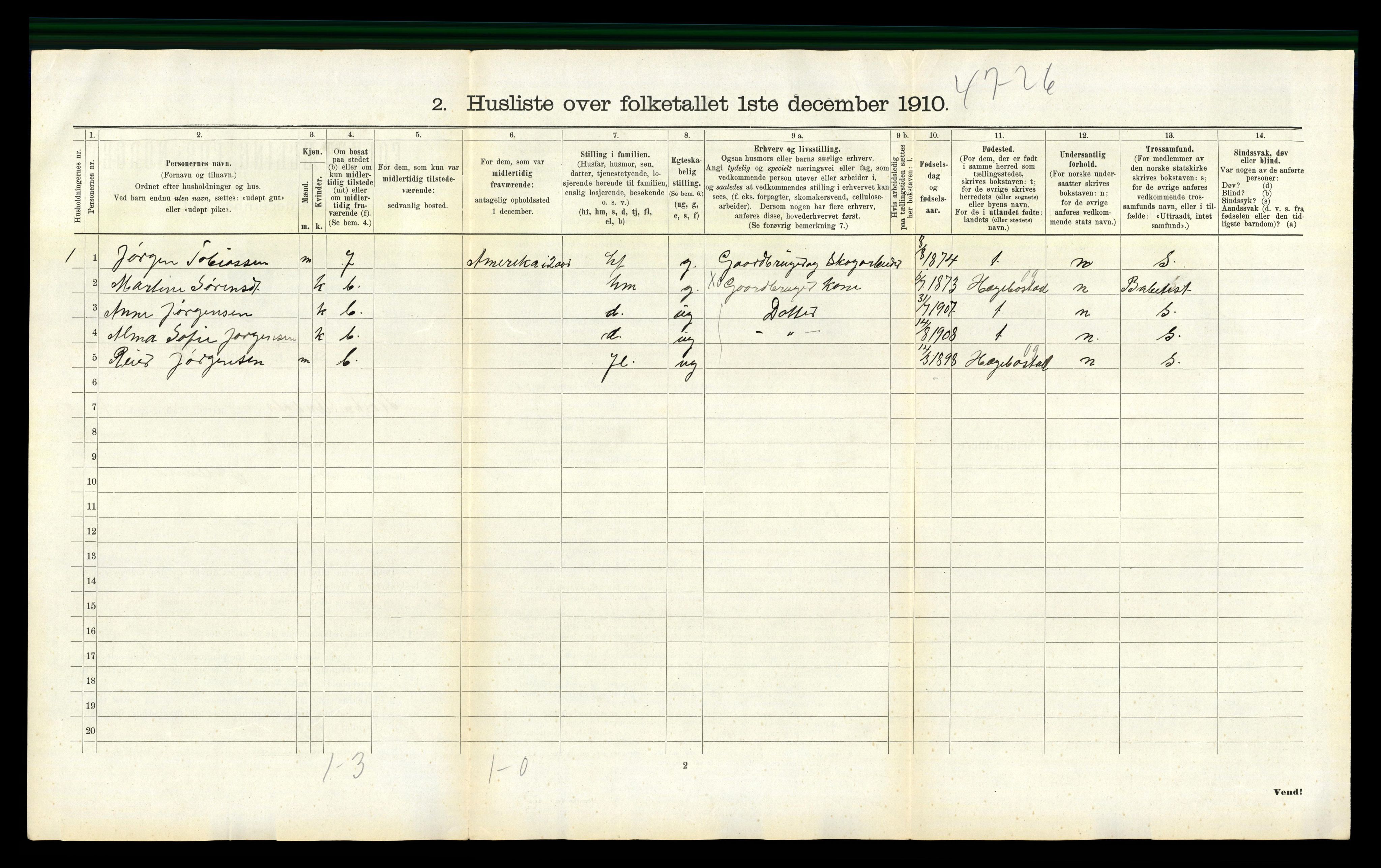 RA, 1910 census for Nord-Audnedal, 1910, p. 697