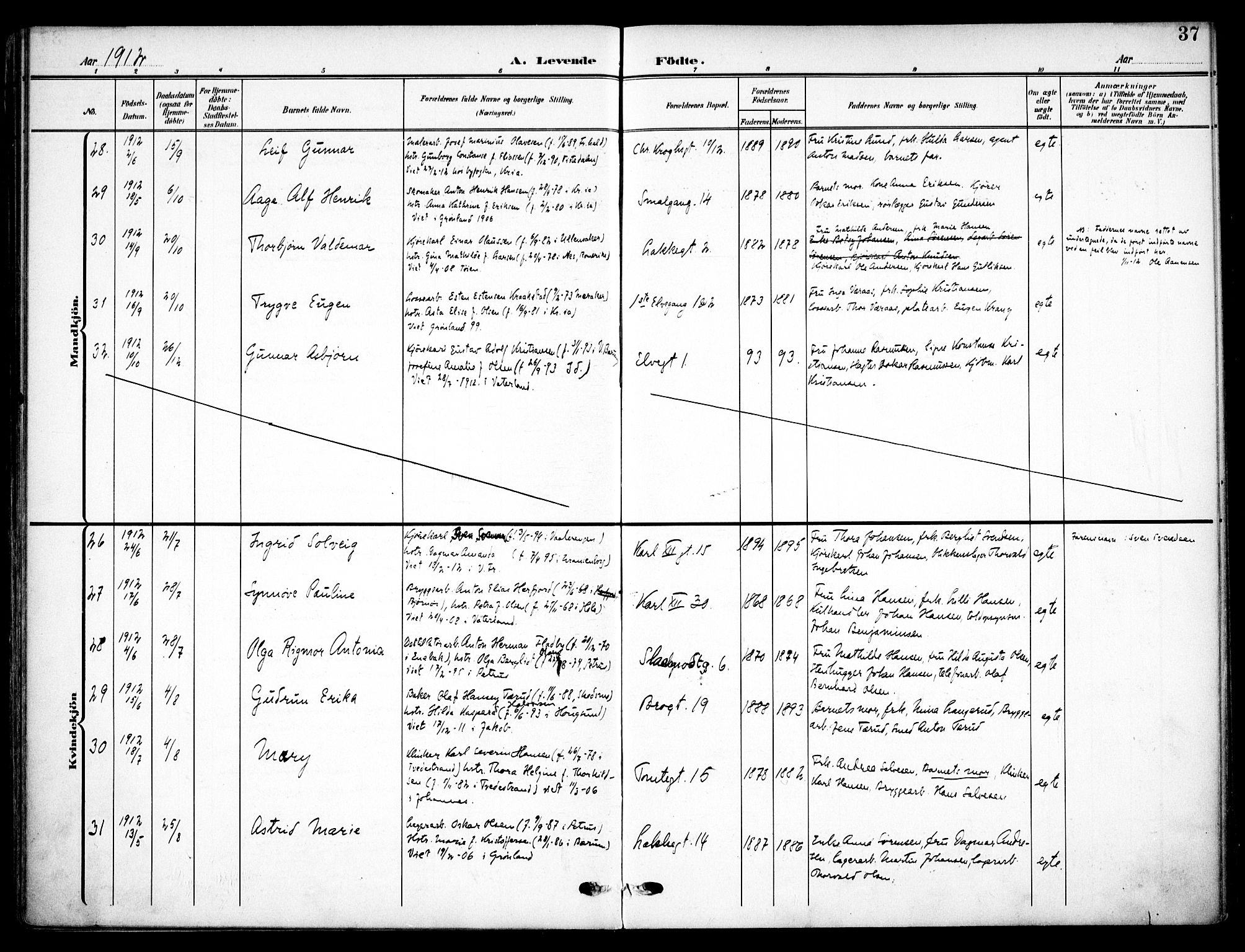 Vaterland prestekontor Kirkebøker, AV/SAO-A-10880/F/Fa/L0001: Parish register (official) no. 1, 1907-1930, p. 37