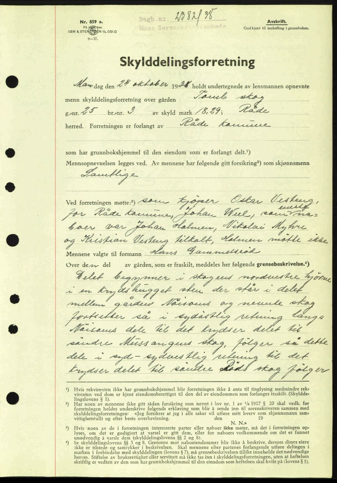 Moss sorenskriveri, SAO/A-10168: Mortgage book no. A5, 1938-1939, Diary no: : 2382/1938