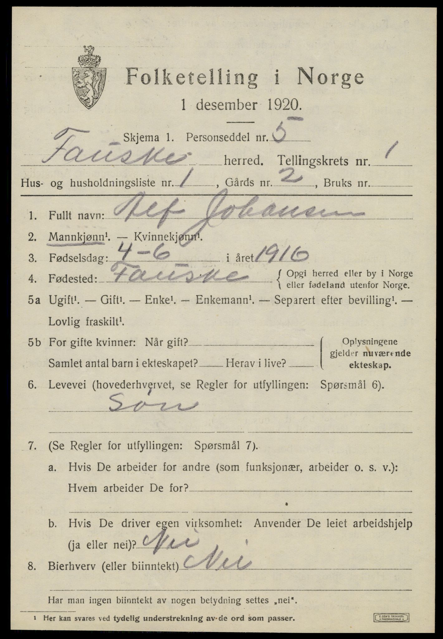 SAT, 1920 census for Fauske, 1920, p. 1998