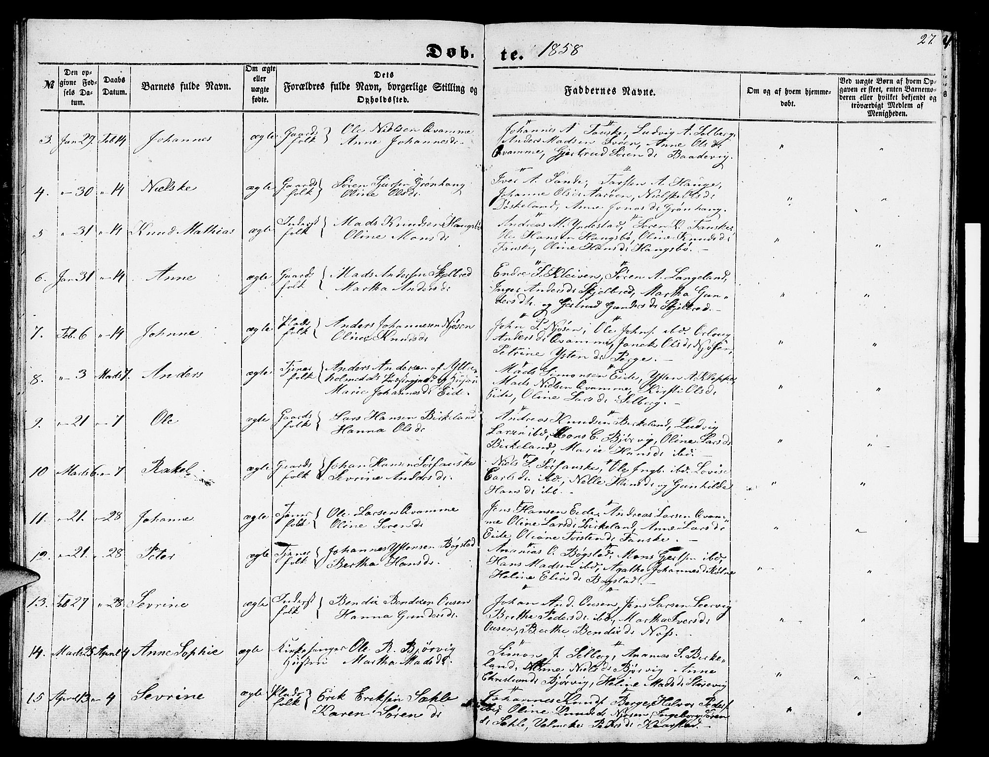 Gaular sokneprestembete, SAB/A-80001/H/Hab: Parish register (copy) no. B 1, 1853-1863, p. 27