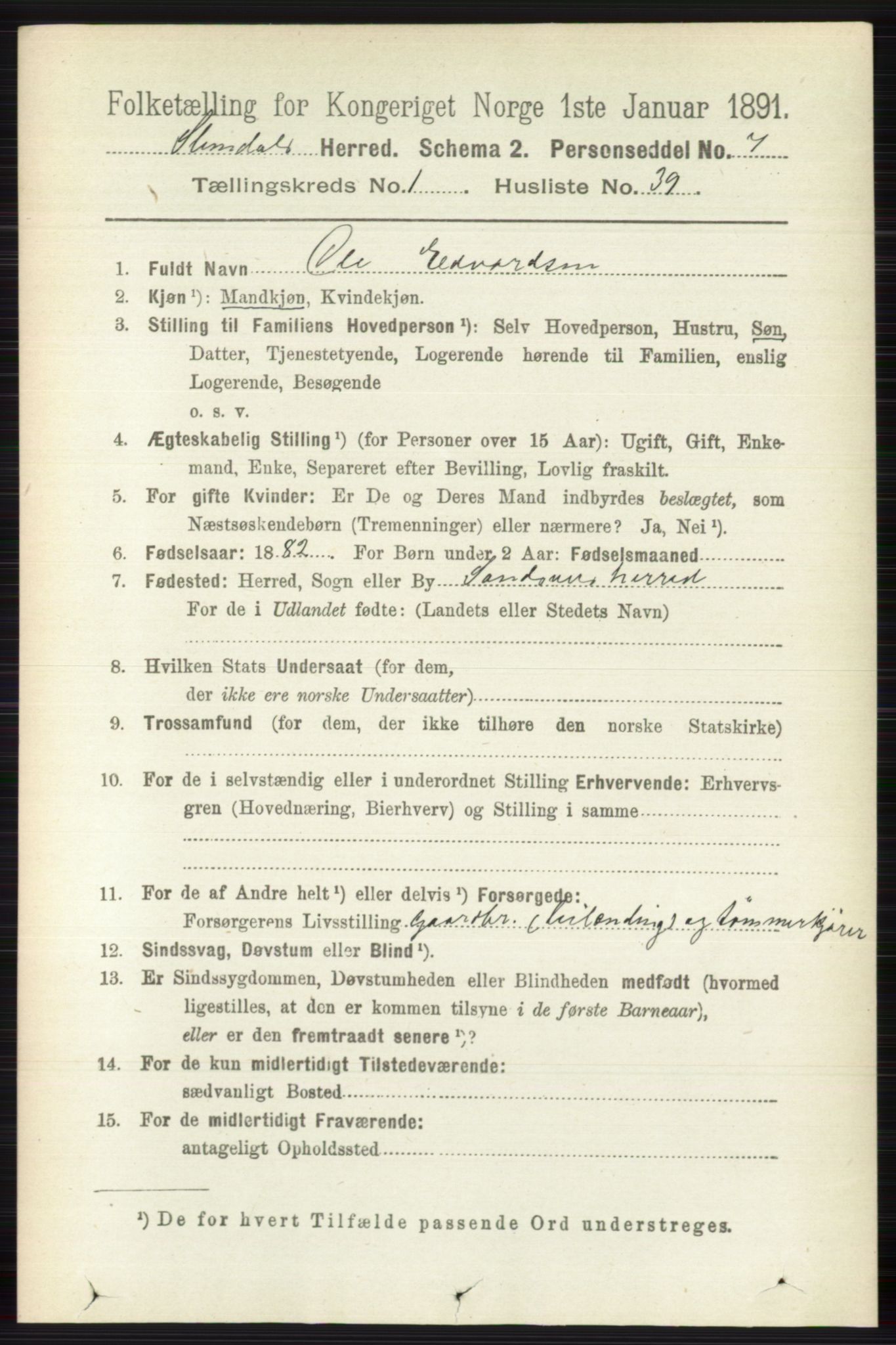 RA, 1891 census for 0811 Slemdal, 1891, p. 292