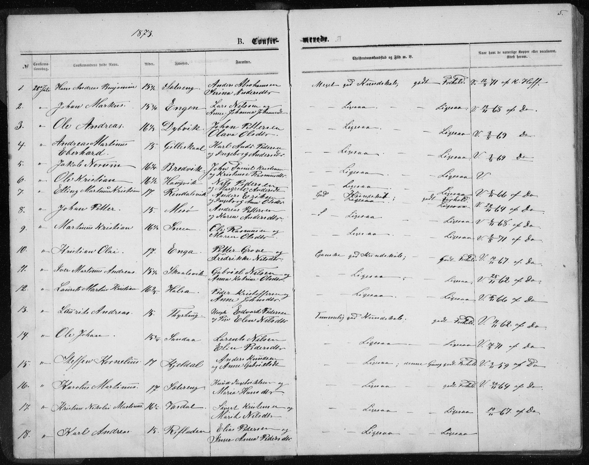 Ministerialprotokoller, klokkerbøker og fødselsregistre - Nordland, SAT/A-1459/843/L0635: Parish register (copy) no. 843C04, 1872-1887, p. 5