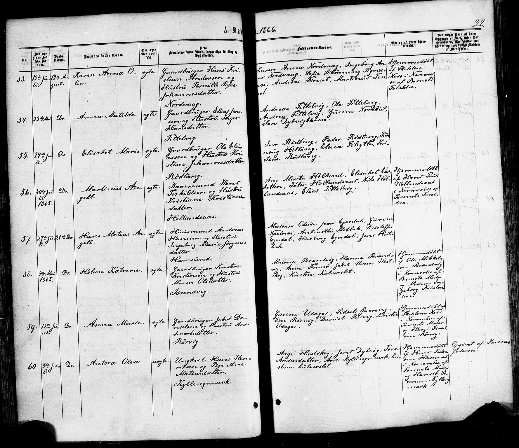 Ministerialprotokoller, klokkerbøker og fødselsregistre - Nordland, SAT/A-1459/859/L0845: Parish register (official) no. 859A05, 1863-1877, p. 32