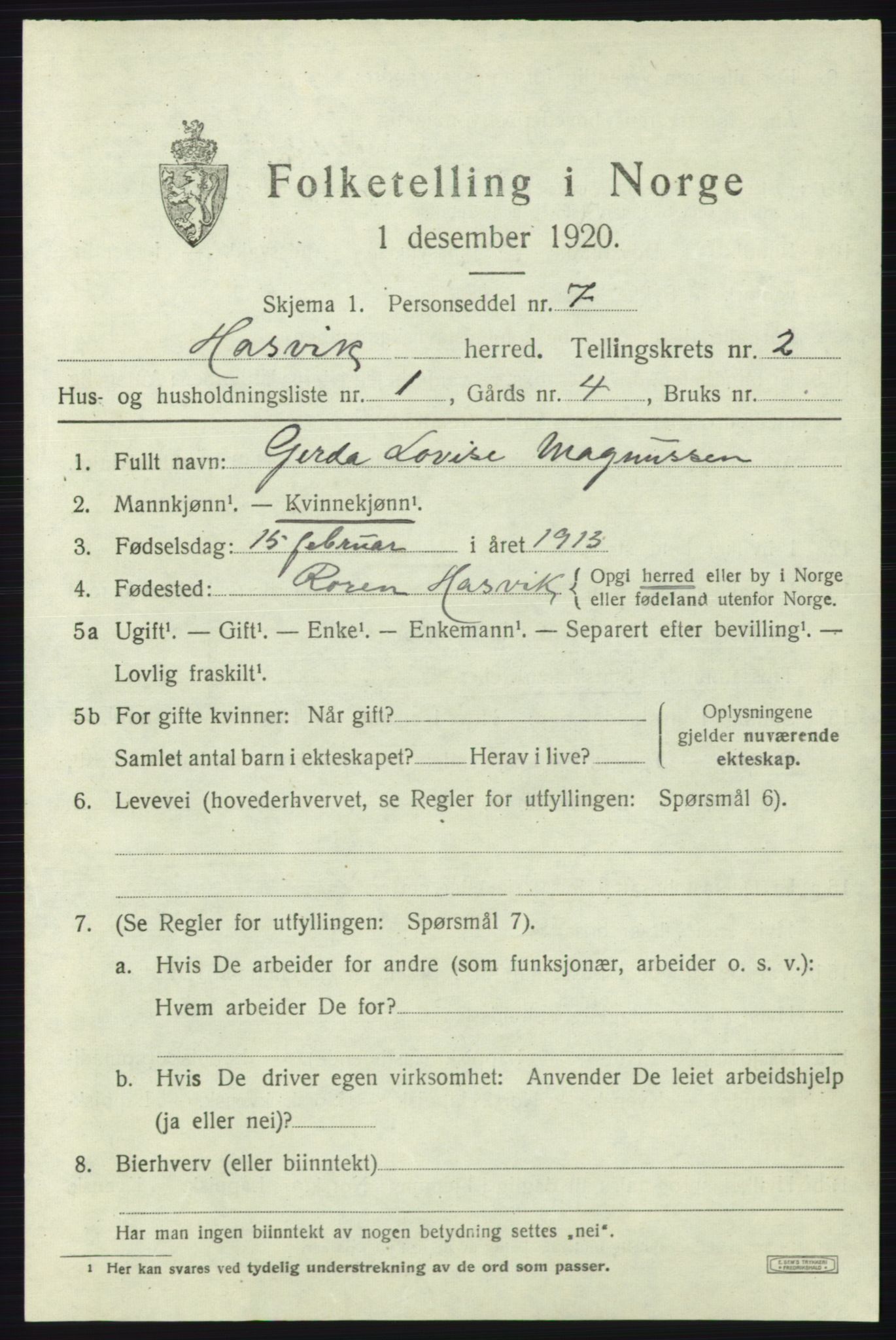 SATØ, 1920 census for Hasvik, 1920, p. 991