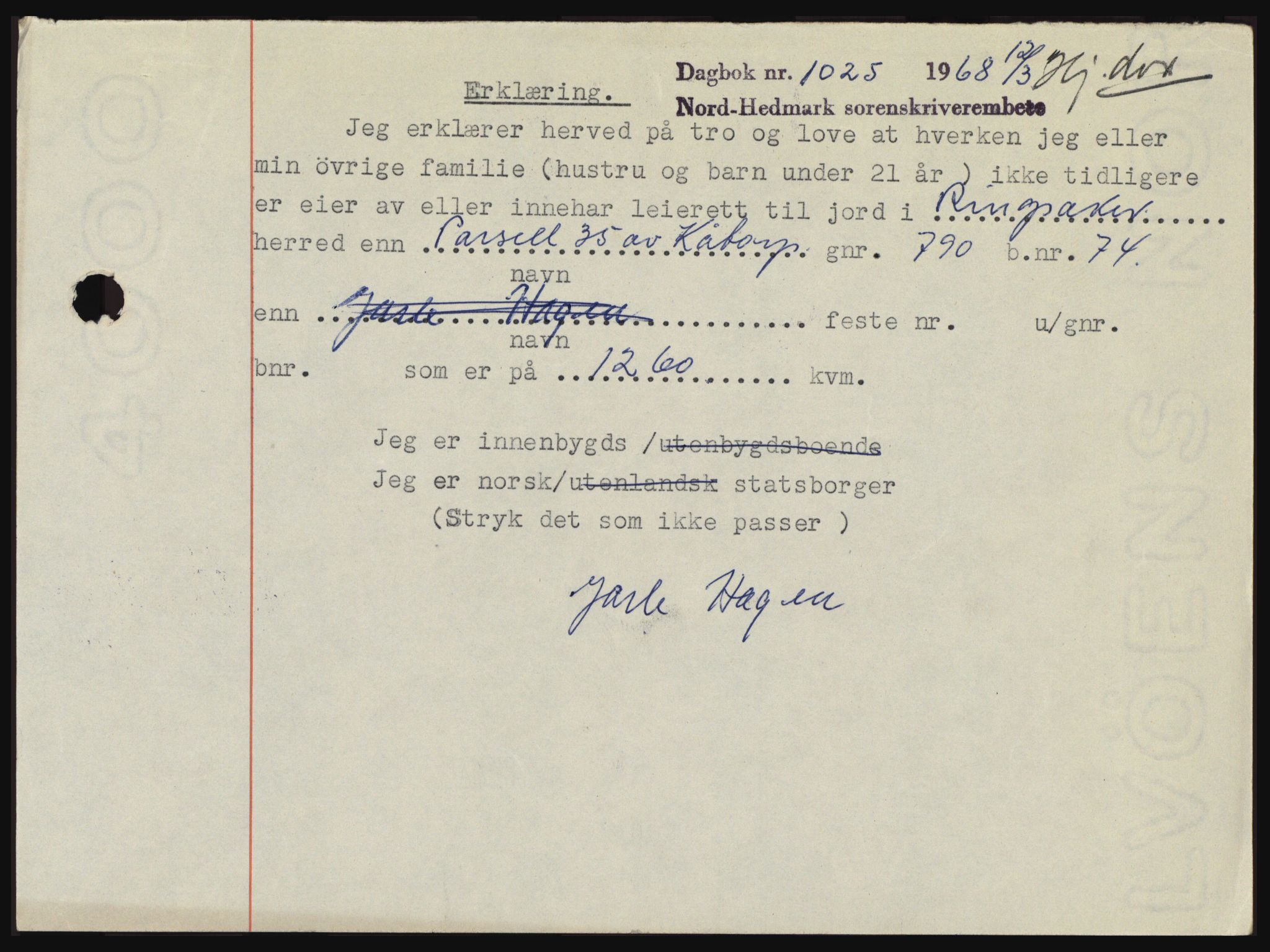 Nord-Hedmark sorenskriveri, SAH/TING-012/H/Hc/L0027: Mortgage book no. 27, 1967-1968, Diary no: : 1025/1968