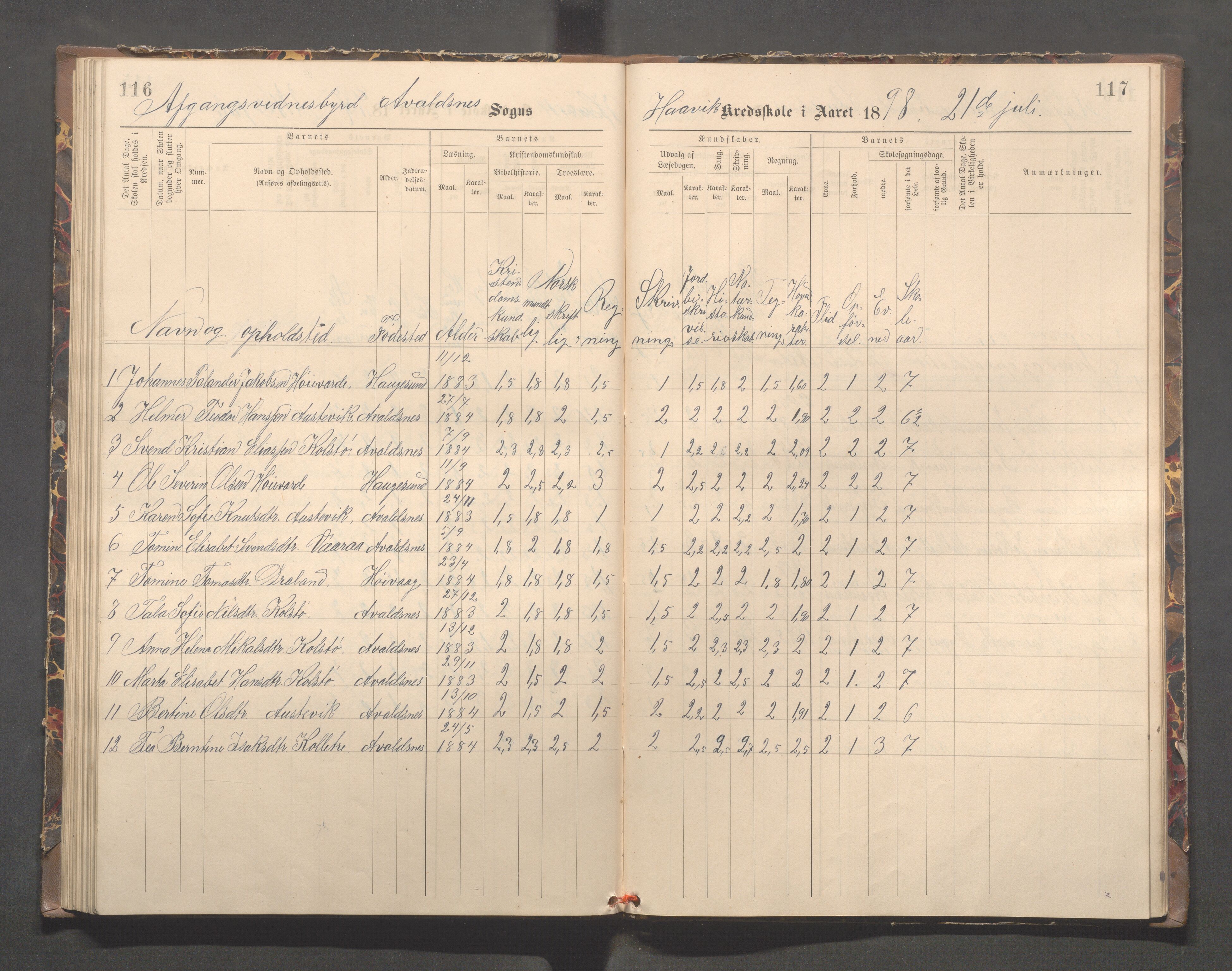 Avaldsnes kommune - Kolstø og Vorre skole, IKAR/K-101688/H/L0002: Skoleprotokoll, 1888-1900, p. 116-117