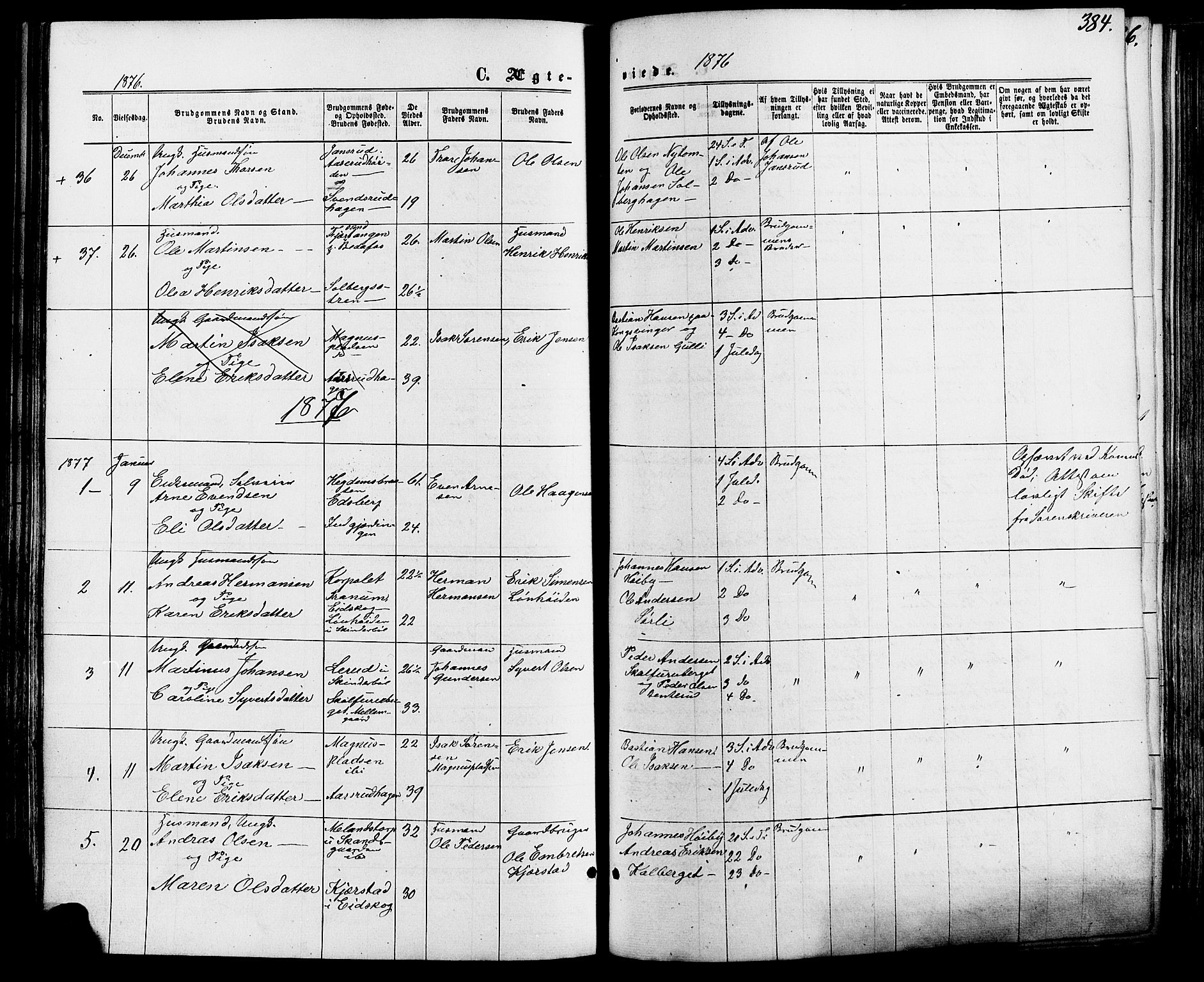 Vinger prestekontor, SAH/PREST-024/H/Ha/Haa/L0012: Parish register (official) no. 12, 1871-1880, p. 384