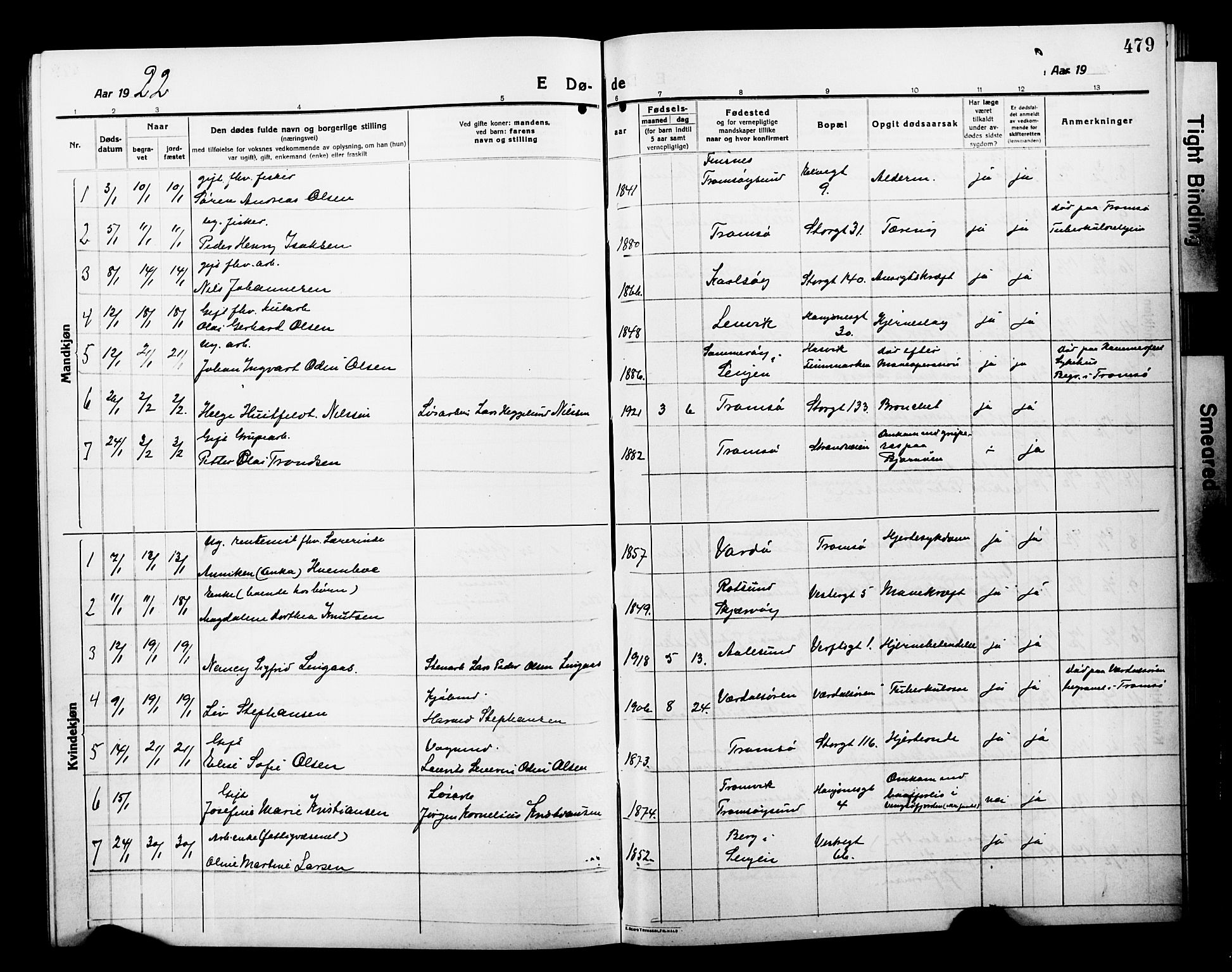 Tromsø sokneprestkontor/stiftsprosti/domprosti, SATØ/S-1343/G/Gb/L0009klokker: Parish register (copy) no. 9, 1915-1925, p. 479