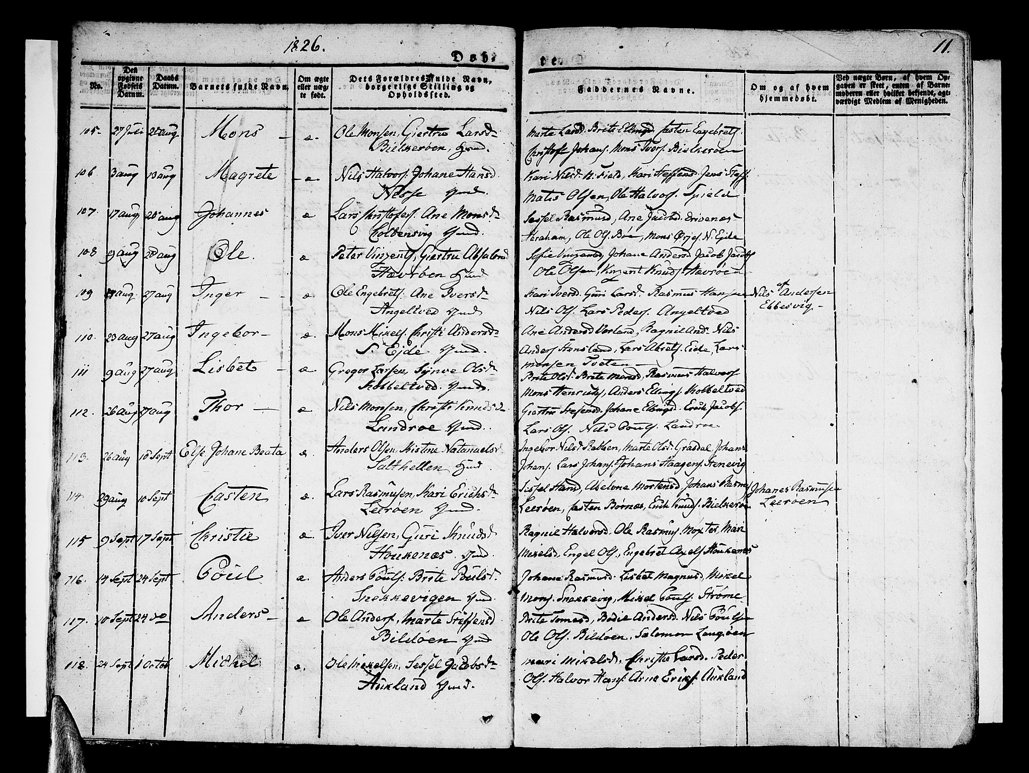 Sund sokneprestembete, AV/SAB-A-99930: Parish register (official) no. A 12, 1825-1835, p. 11