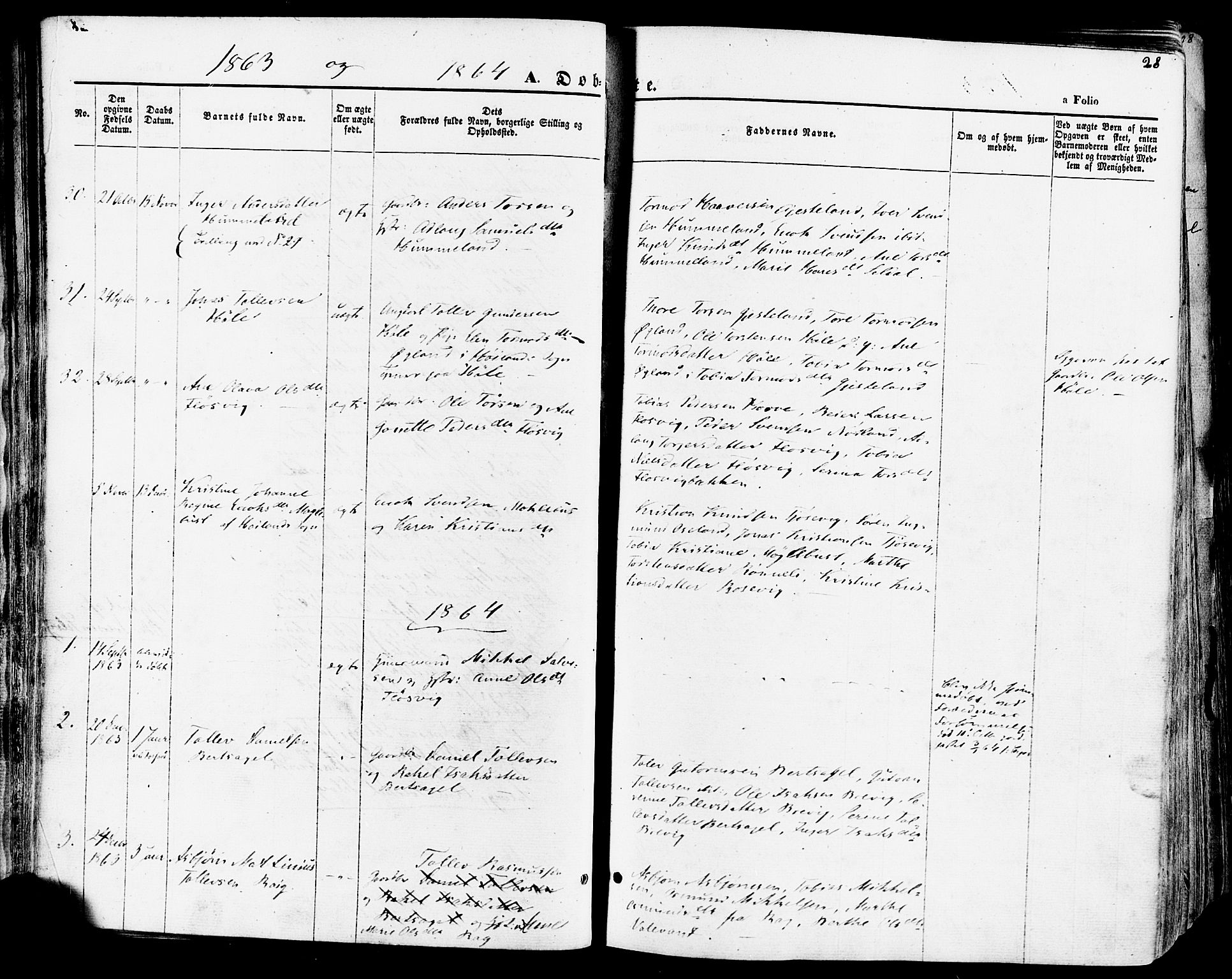 Høgsfjord sokneprestkontor, AV/SAST-A-101624/H/Ha/Haa/L0002: Parish register (official) no. A 2, 1855-1885, p. 28