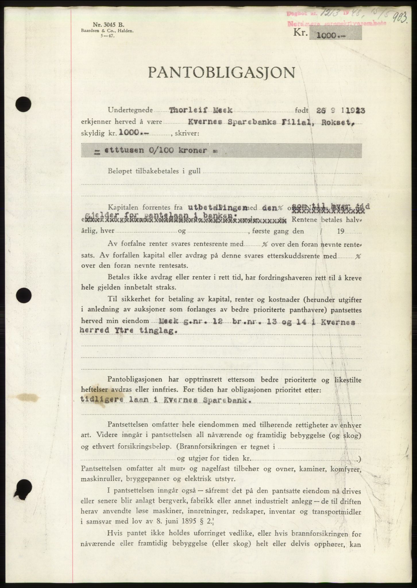 Nordmøre sorenskriveri, AV/SAT-A-4132/1/2/2Ca: Mortgage book no. B98, 1948-1948, Diary no: : 1213/1948